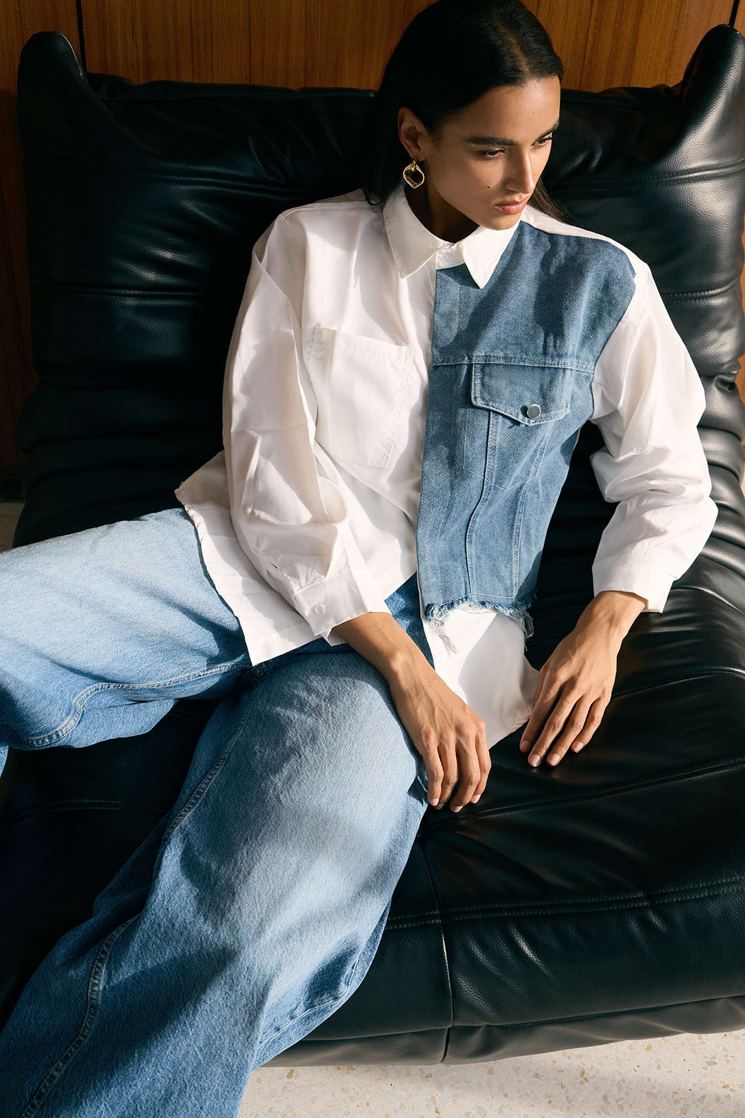 Denim Patchwork Frayed Asymmetrical Pocket Long-Sleeve Shirt - Image 10
