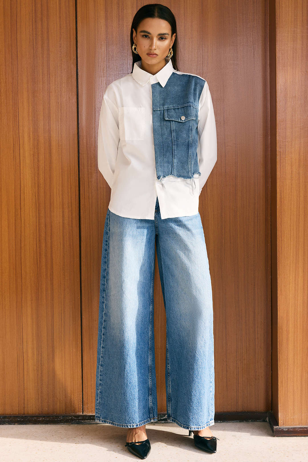 Denim Patchwork Frayed Asymmetrical Pocket Long-Sleeve Shirt - Image 6