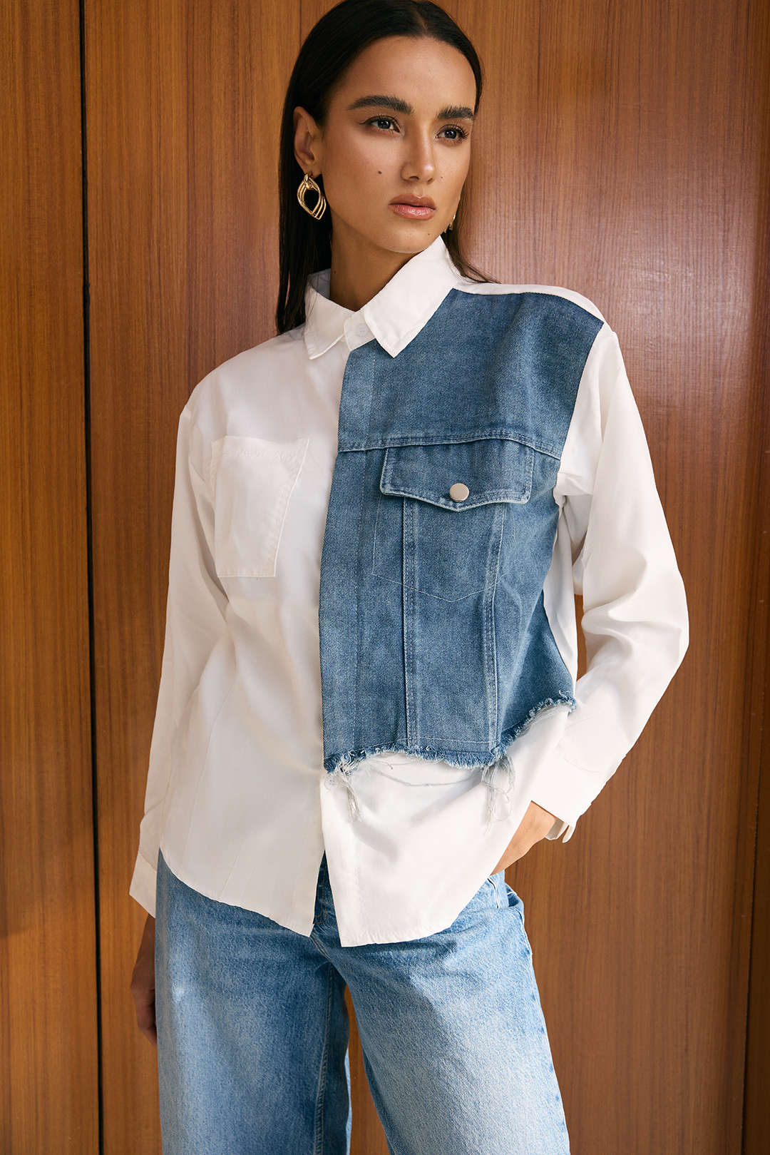 Denim Patchwork Frayed Asymmetrical Pocket Long-Sleeve Shirt - Image 7