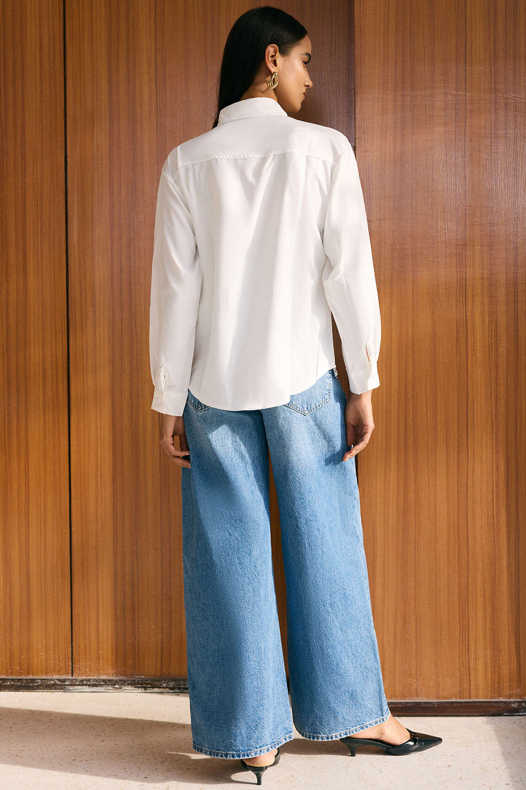 Denim Patchwork Frayed Asymmetrical Pocket Long-Sleeve Shirt - Image 9