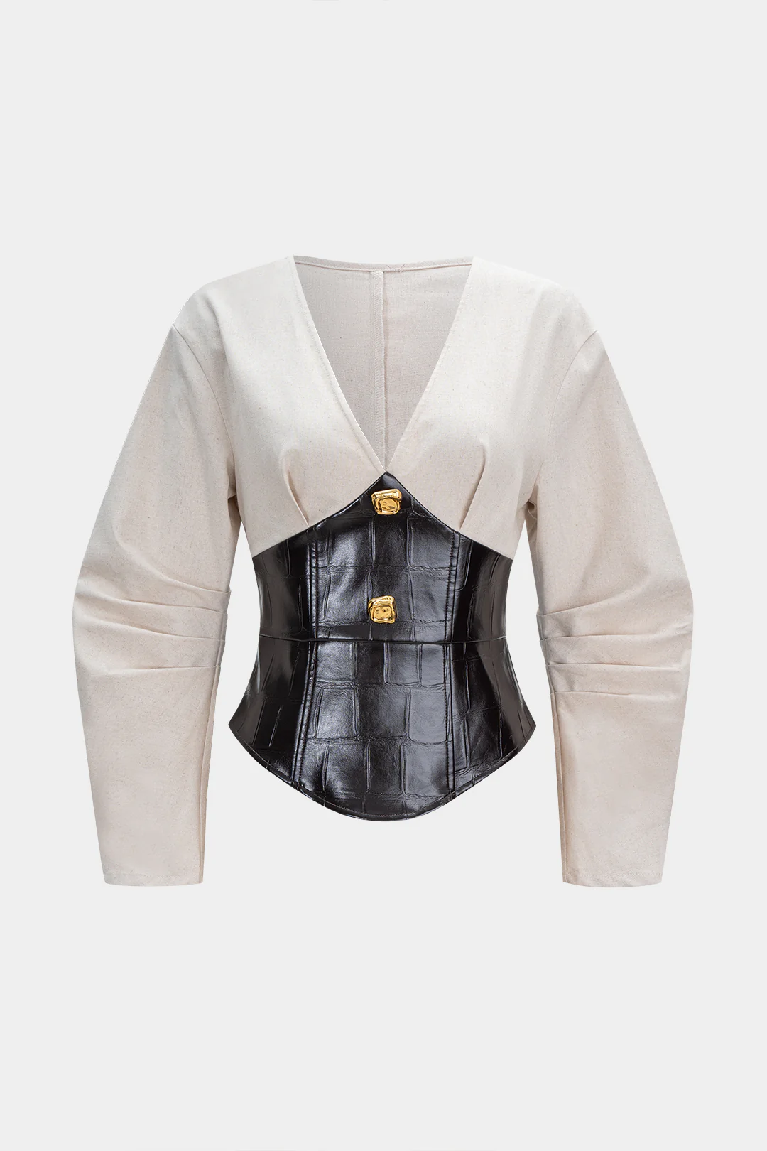 Faux Leather Metallic Button V-Neck Waist-Cinching Long-Sleeve Shirt