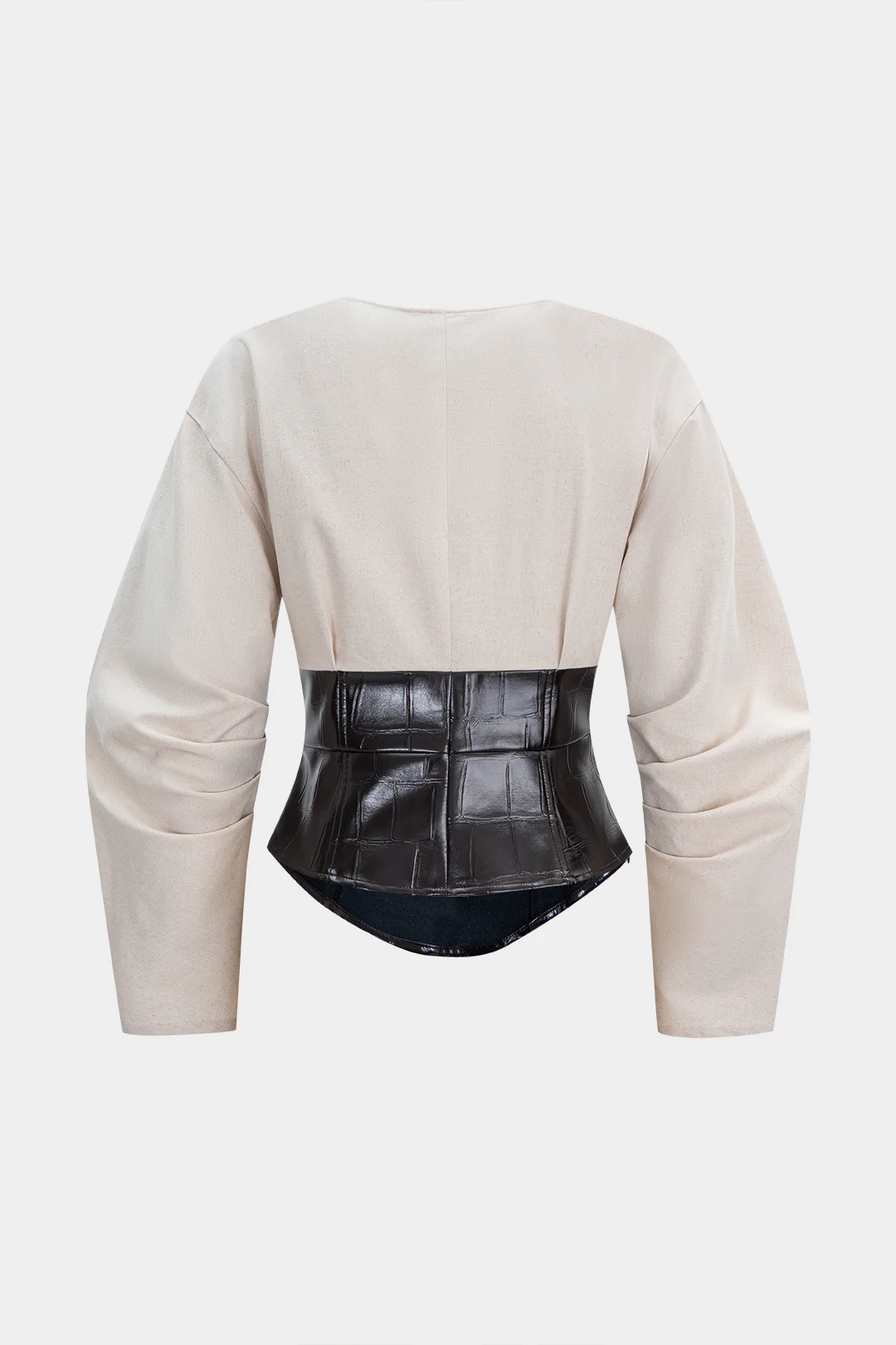 Faux Leather Metallic Button V-Neck Waist-Cinching Long-Sleeve Shirt - Image 2