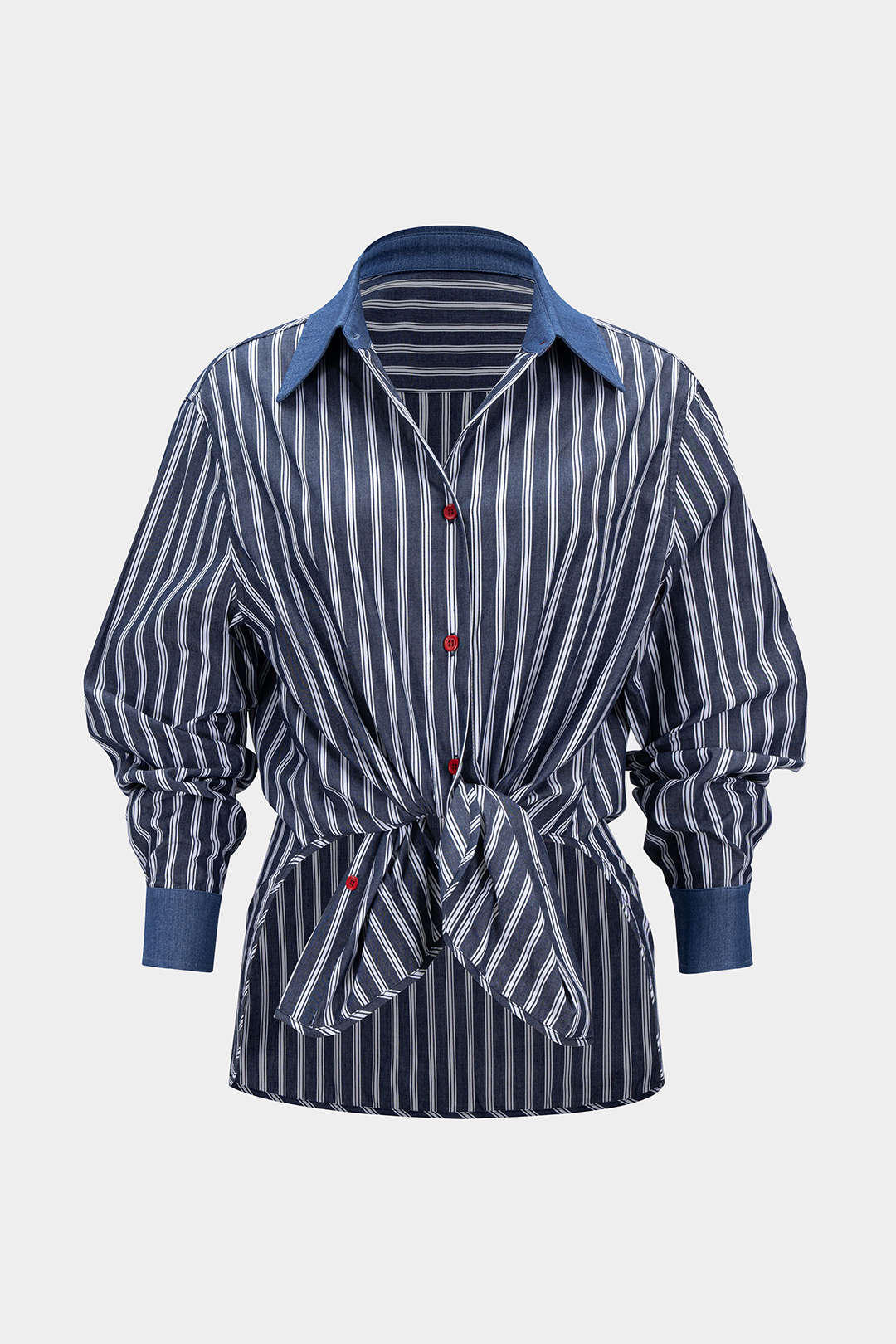 Contrast Stripes Print Denim Patchwork Button Long-Sleeve Shirt