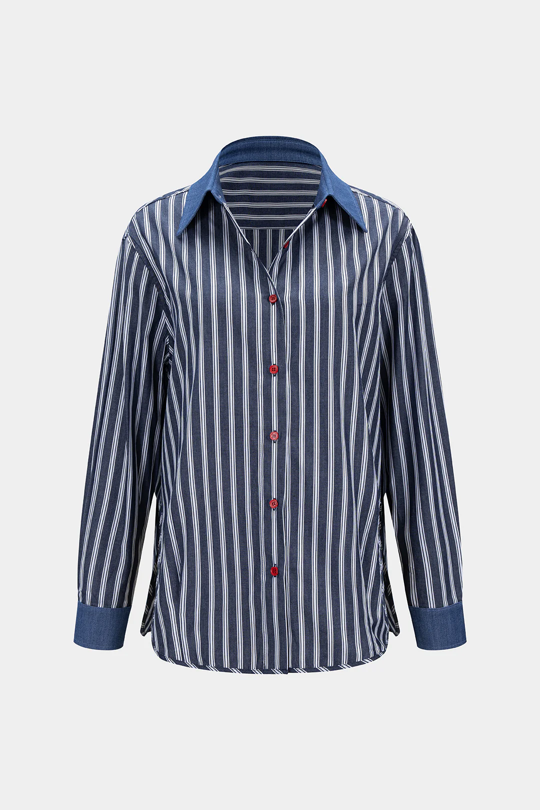 Contrast Stripes Print Denim Patchwork Button Long-Sleeve Shirt - Image 2