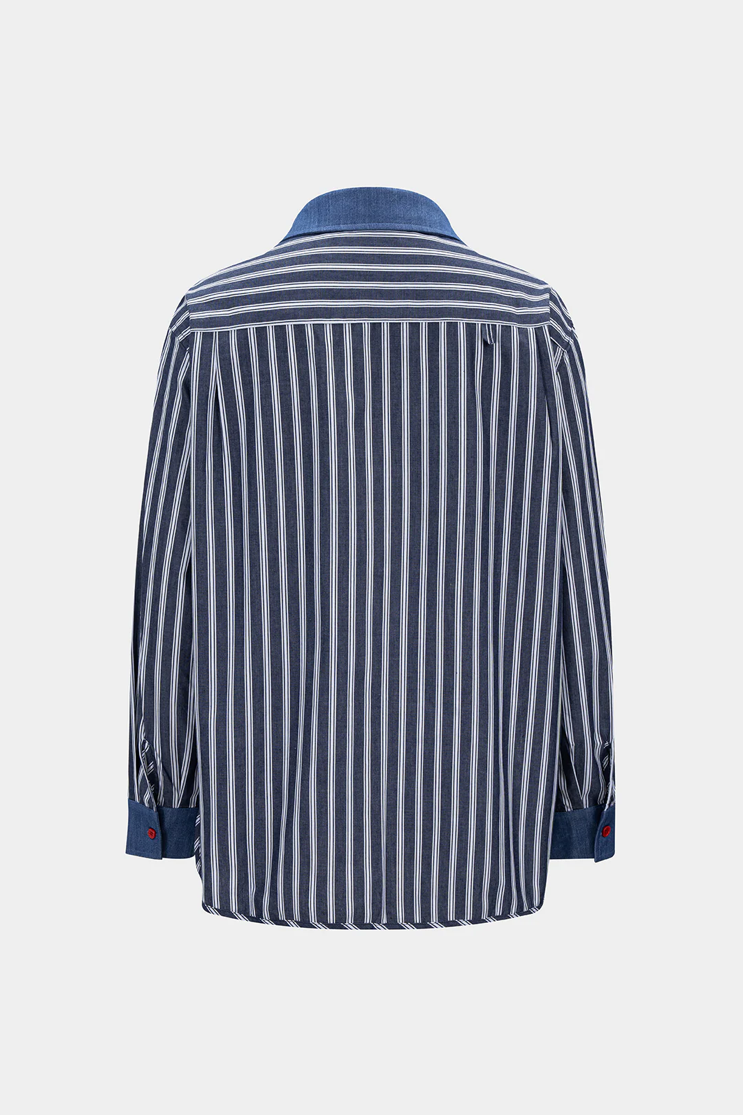 Contrast Stripes Print Denim Patchwork Button Long-Sleeve Shirt - Image 3