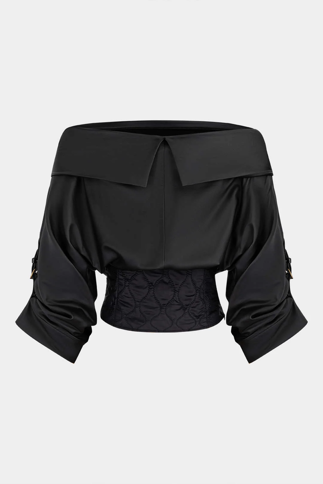 Faux Leather Quilted Patchwork Off Shoulder Long-Sleeve Shirt - Image 2