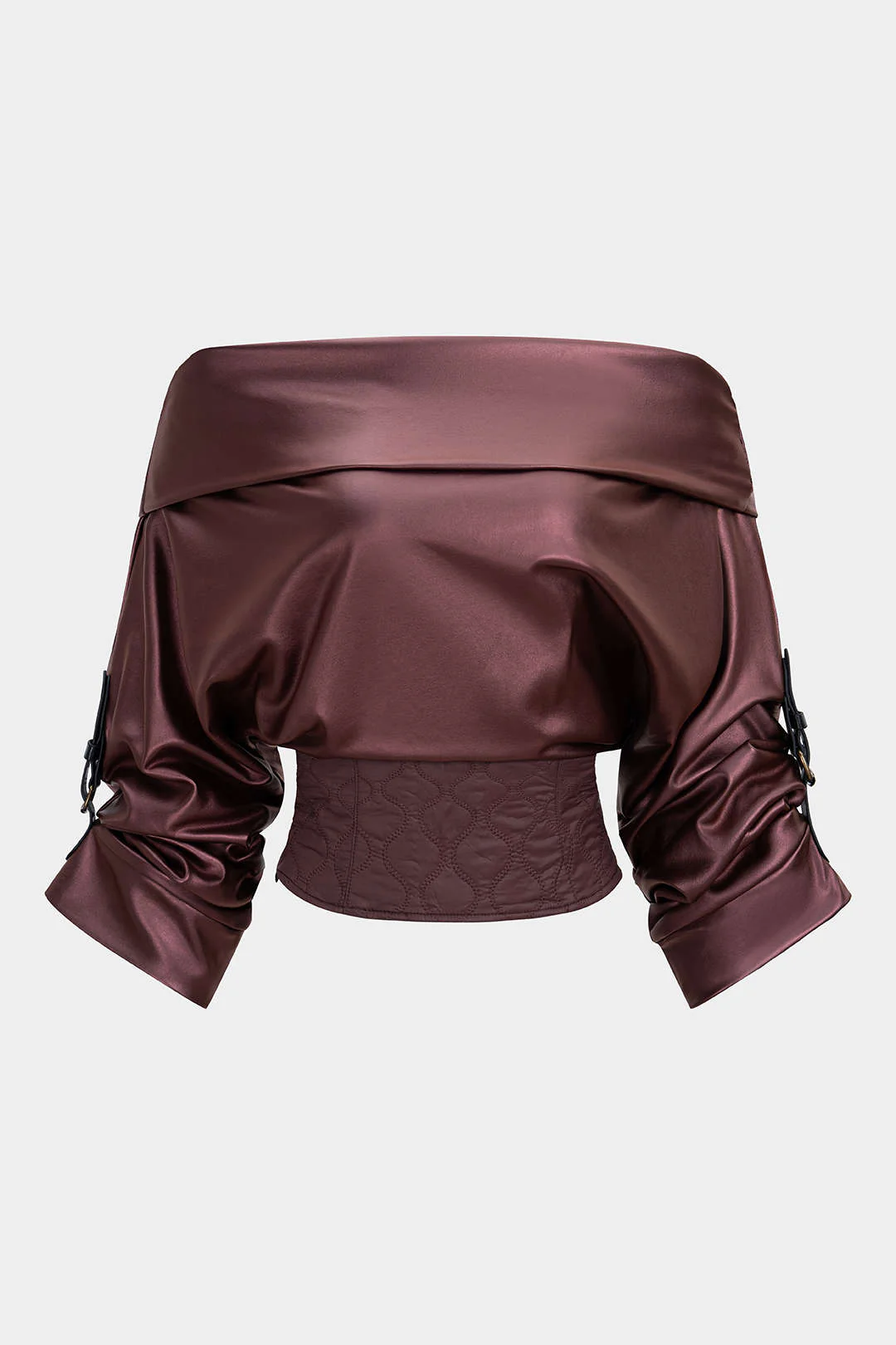 Faux Leather Quilted Patchwork Off Shoulder Long-Sleeve Shirt - Image 5