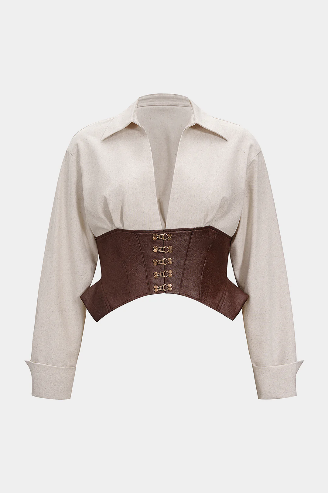 Plus Size Faux Leather Patchwork Linen Metallic Long-Sleeve Shirt