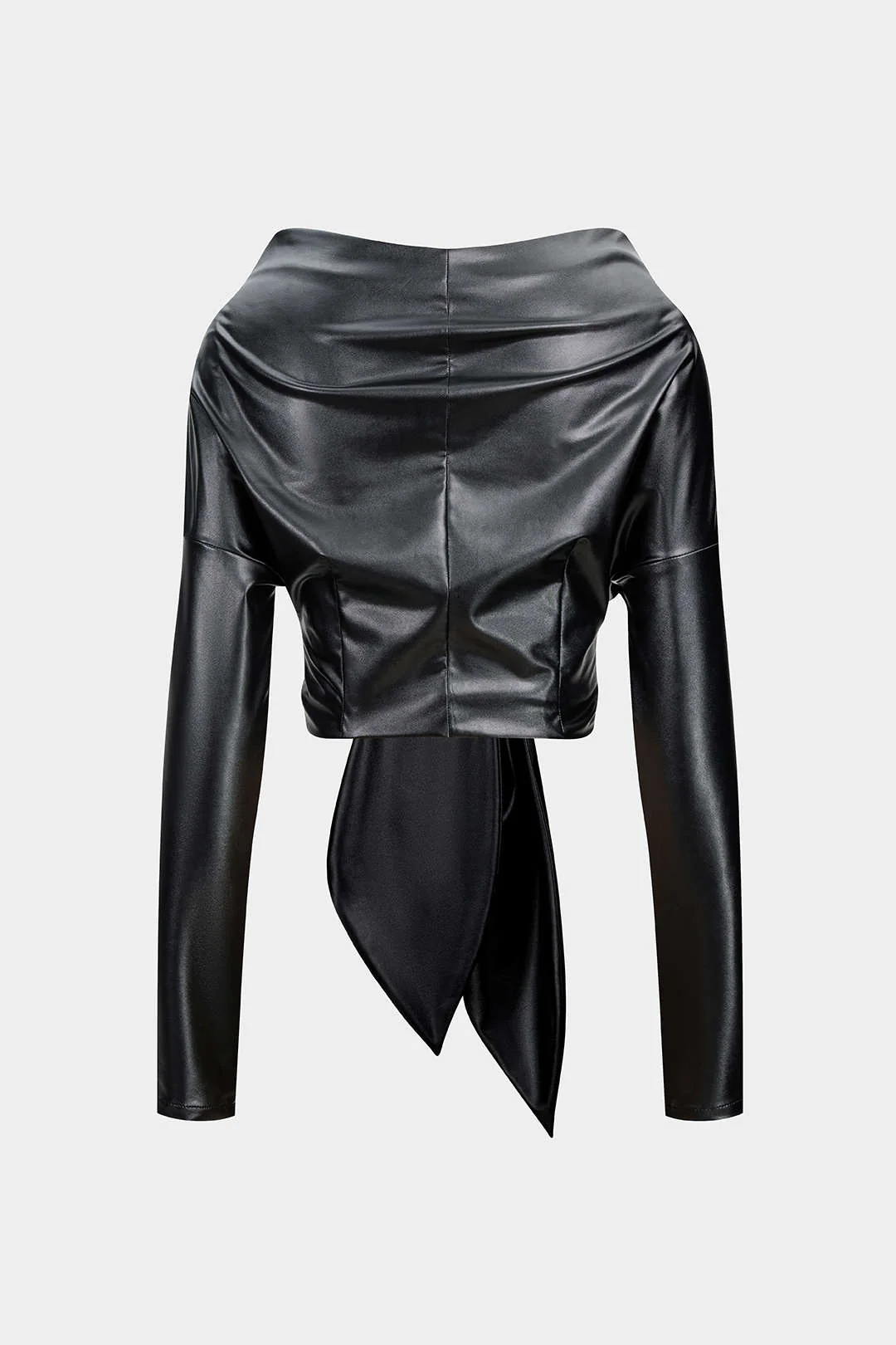 Faux Leather Tie Front Ruched Long-Sleeve Shirt - Image 2