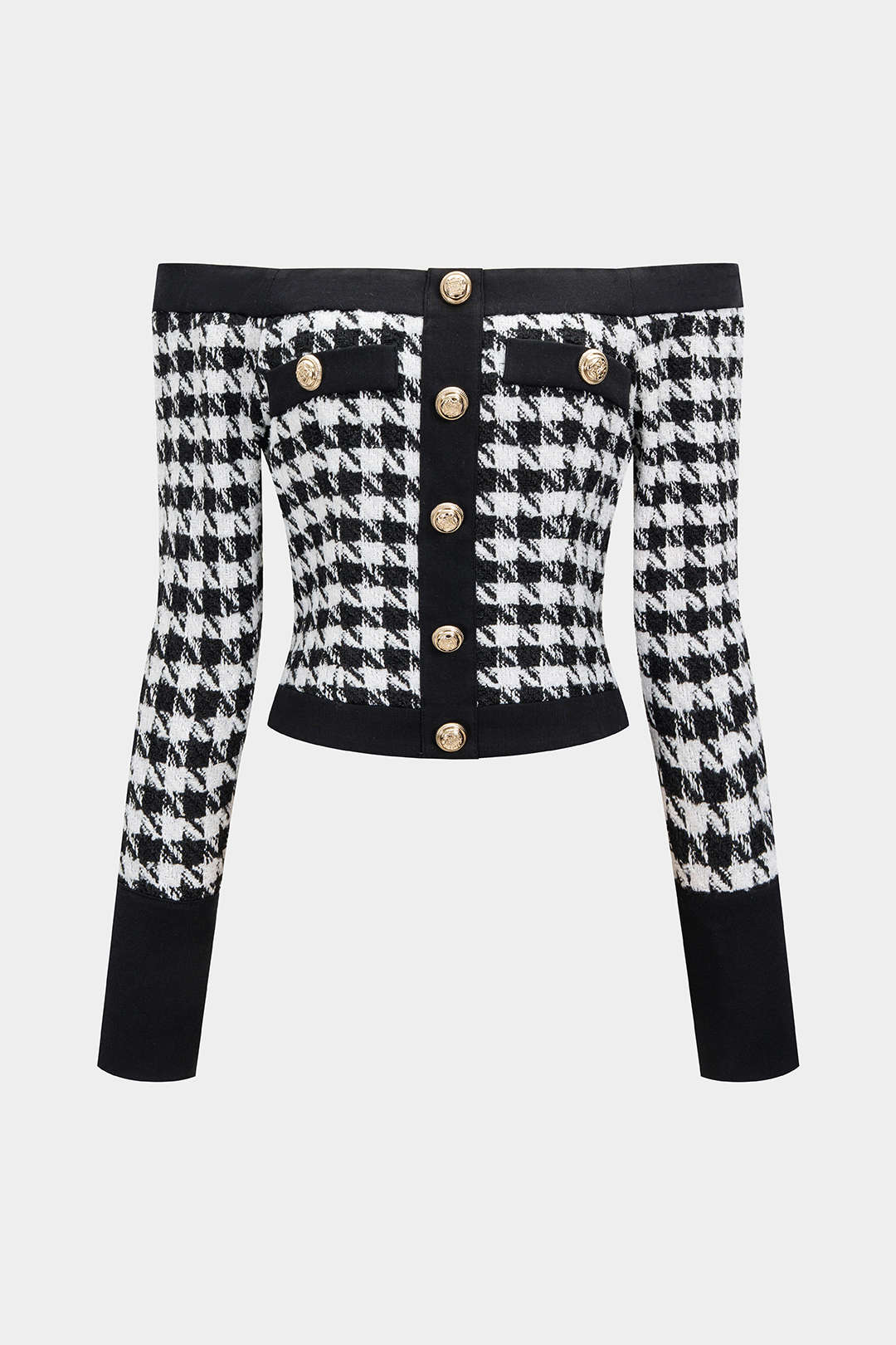 Houndstooth Print Off Shoulder Woolen Button Long-Sleeve Top