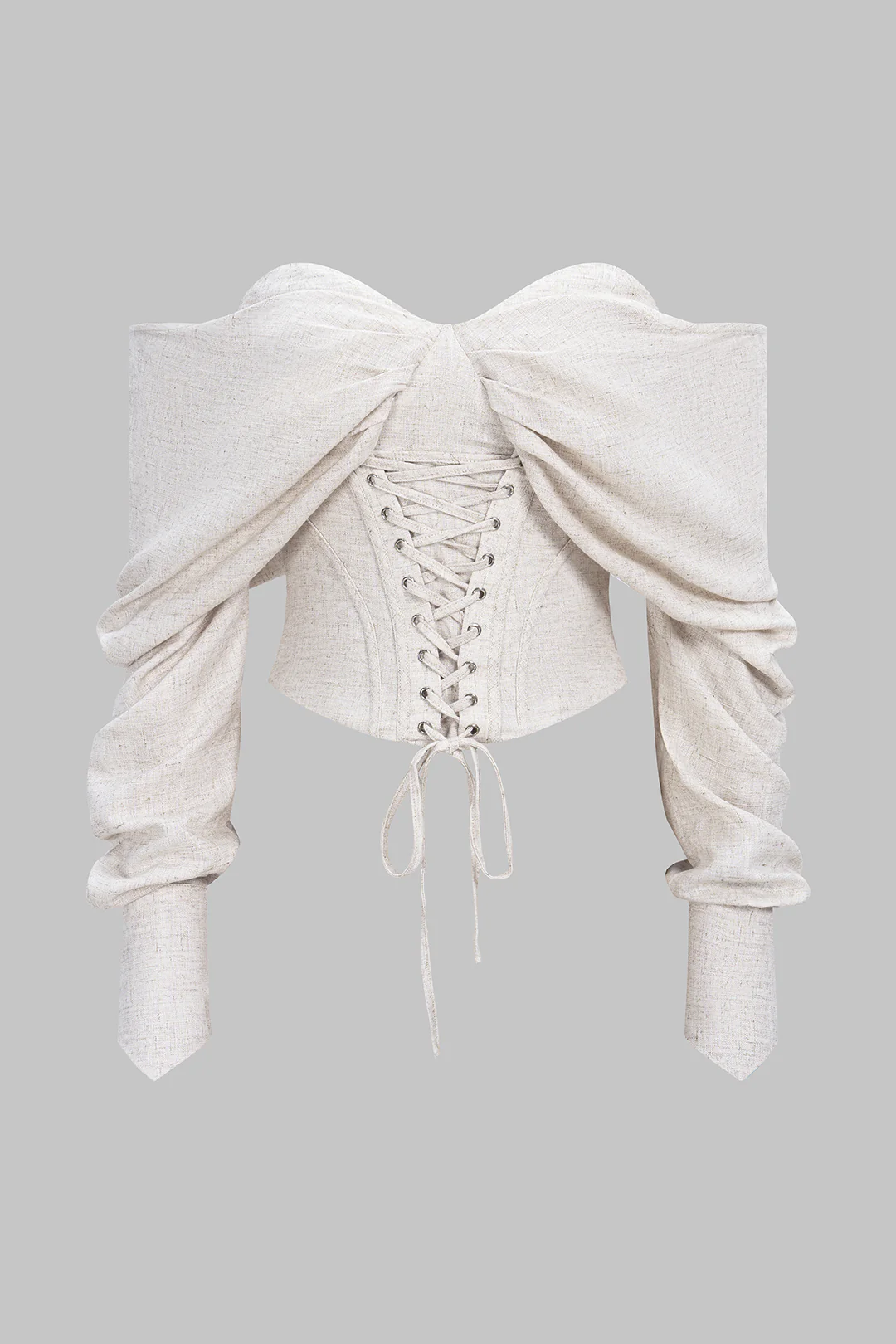 Linen Off-Shoulder Tie Front Corset Runched Long-Sleeve Shirt - Image 2
