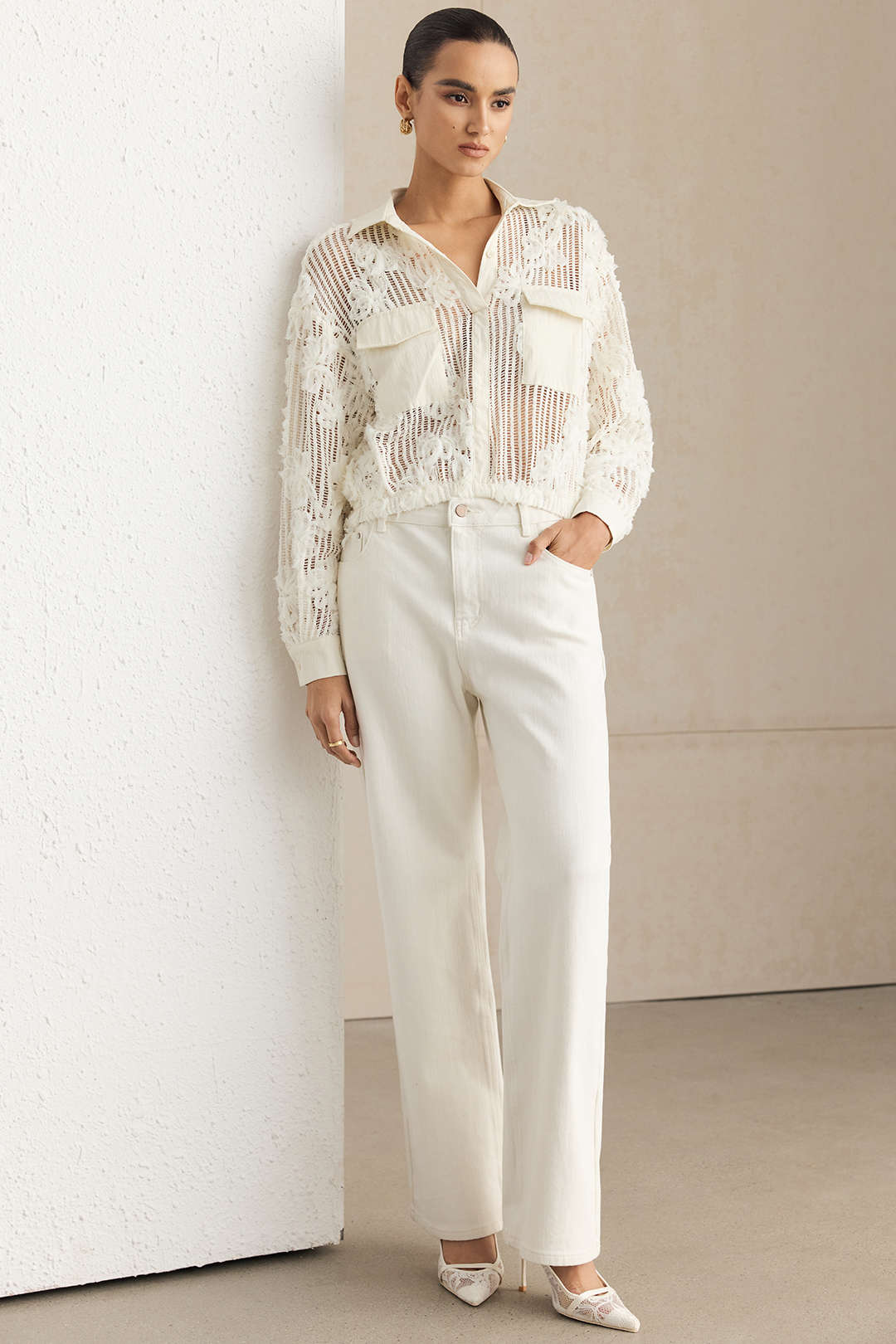 3D Flower Decor Button Cut Out Long-Sleeve Shirt - Image 2