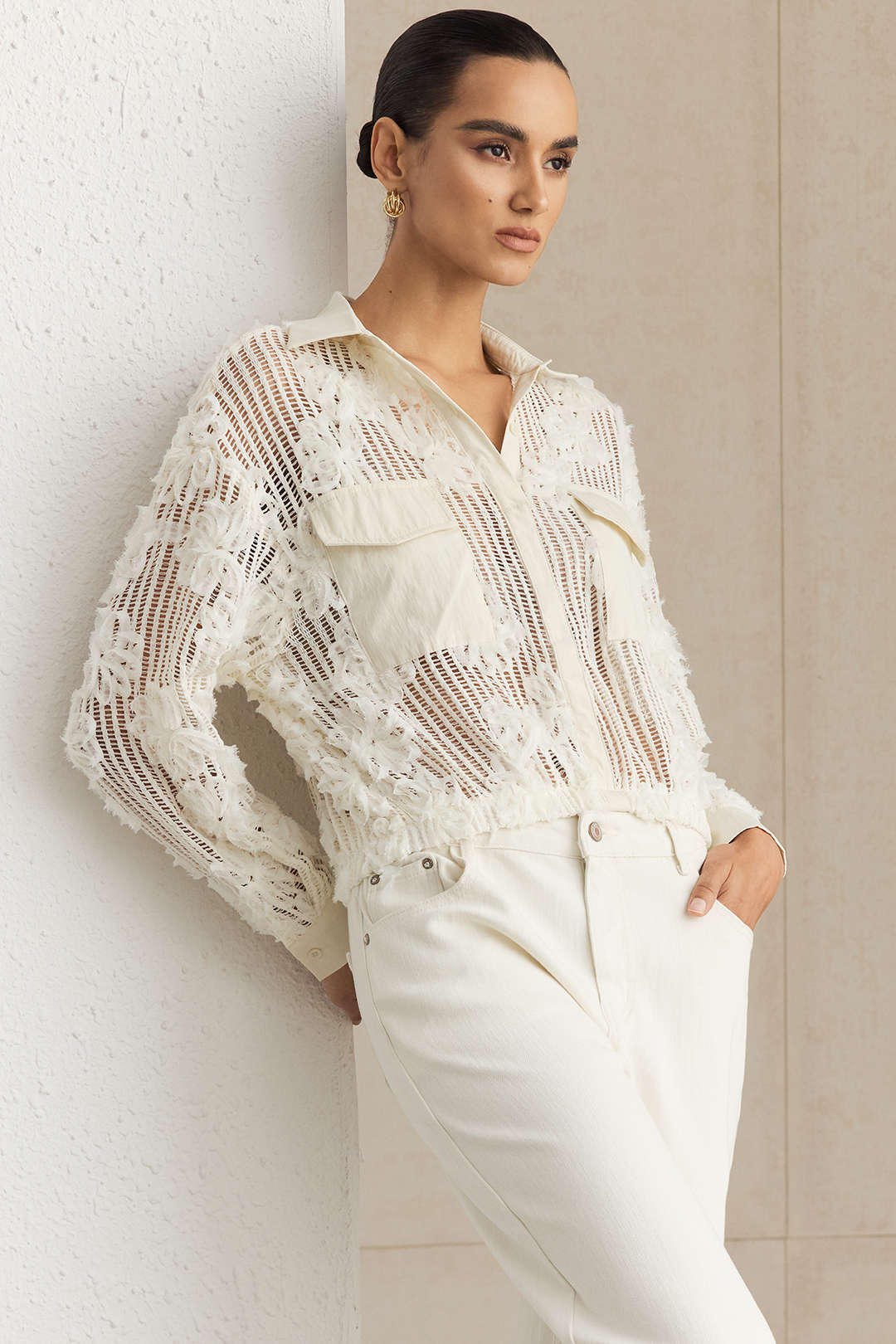 3D Flower Decor Button Cut Out Long-Sleeve Shirt - Image 3