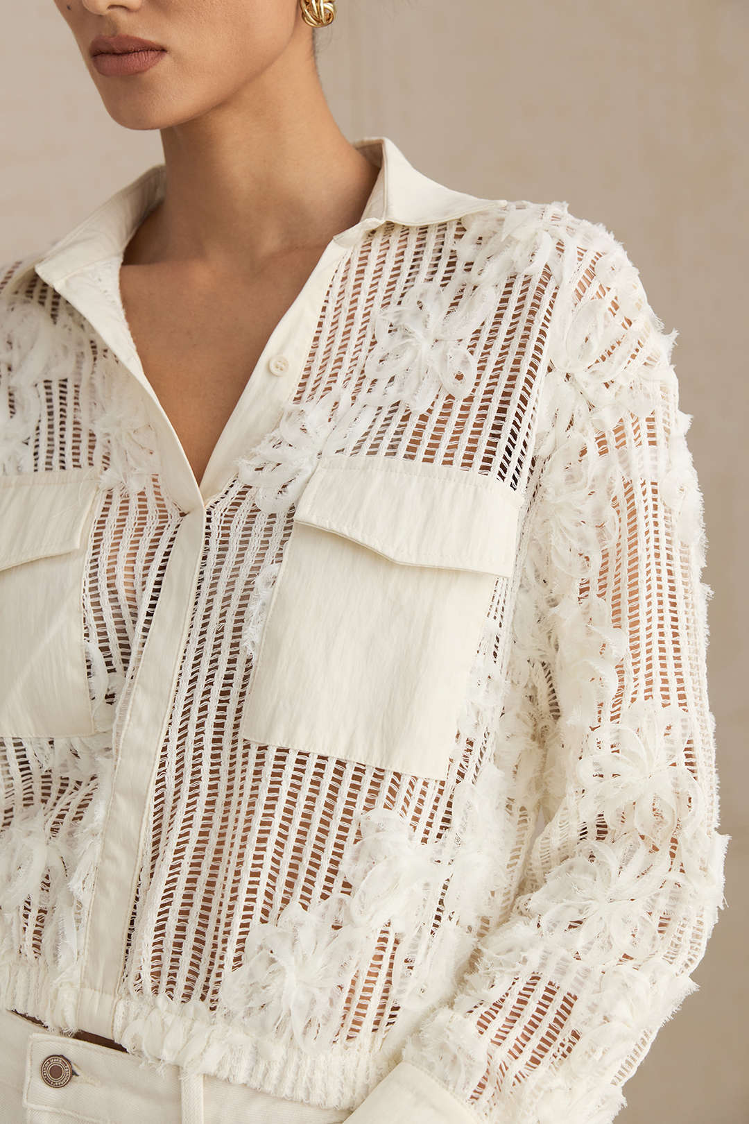 3D Flower Decor Button Cut Out Long-Sleeve Shirt - Image 4