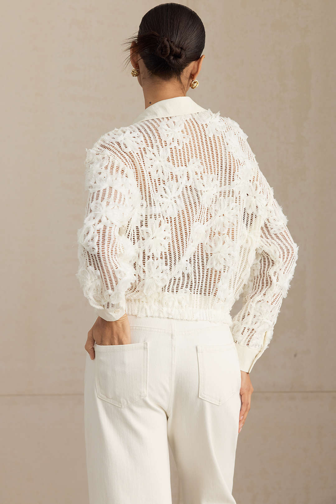 3D Flower Decor Button Cut Out Long-Sleeve Shirt - Image 5