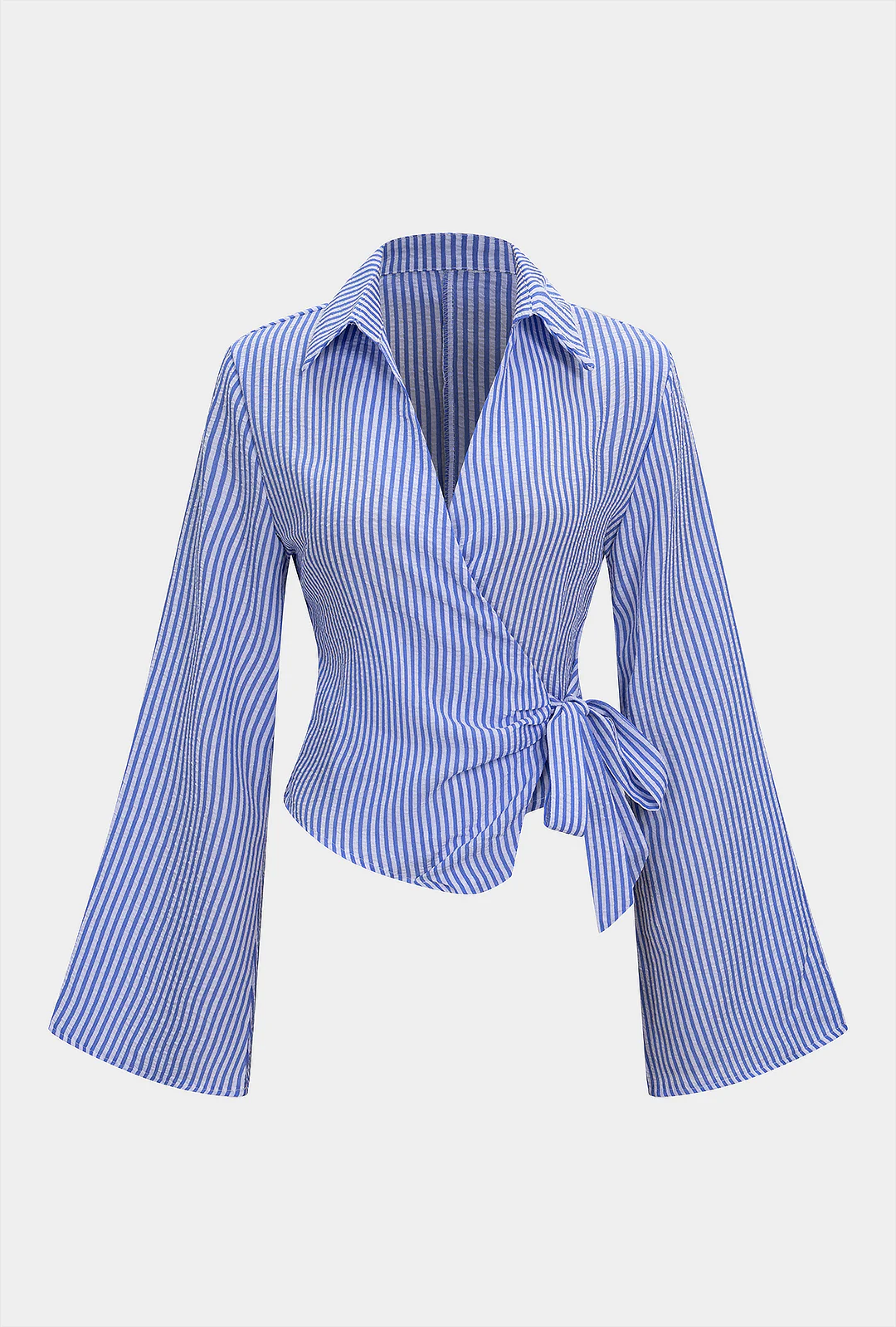Stripes Print V-Neck Tie-Up Long-Sleeve Shirt