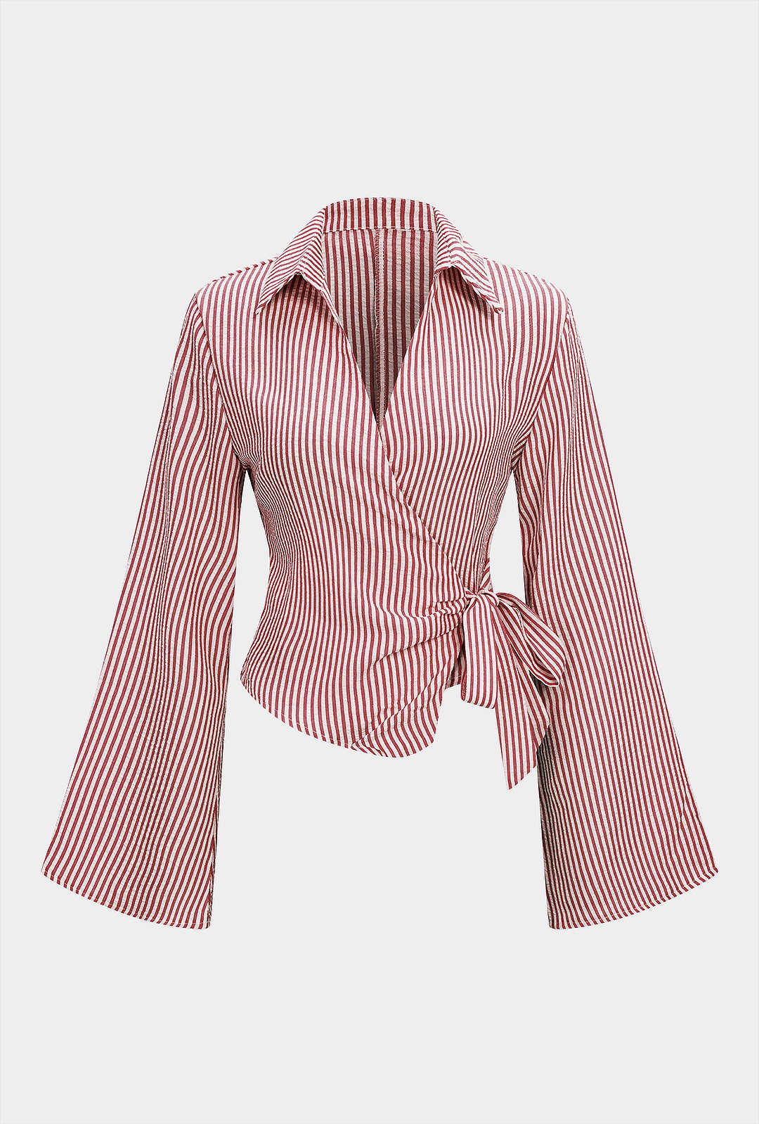 Stripes Print V-Neck Tie-Up Long-Sleeve Shirt - Image 6