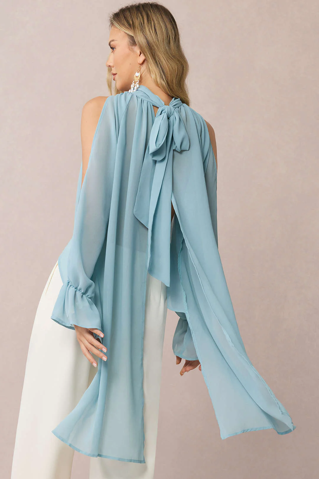 Chiffon Halter Neck Tie Back Cut Out Ruched Long-Sleeve Shirt - Image 2
