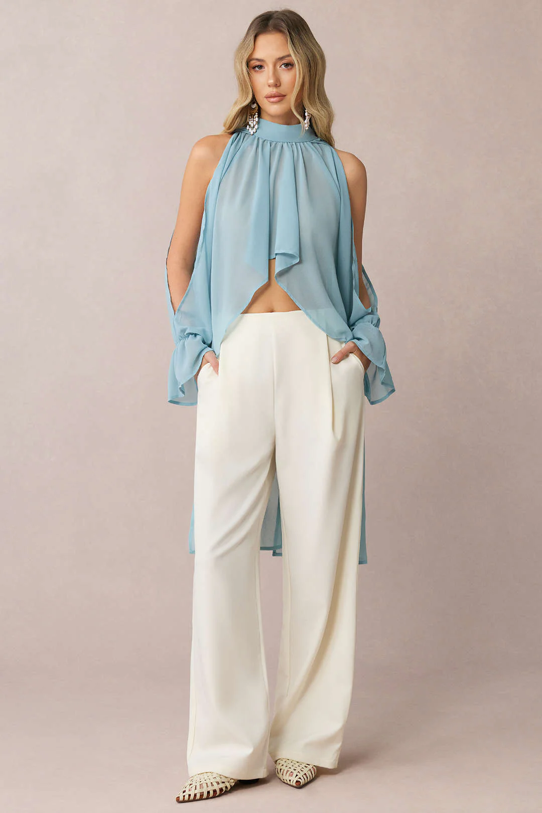 Chiffon Halter Neck Tie Back Cut Out Ruched Long-Sleeve Shirt - Image 3