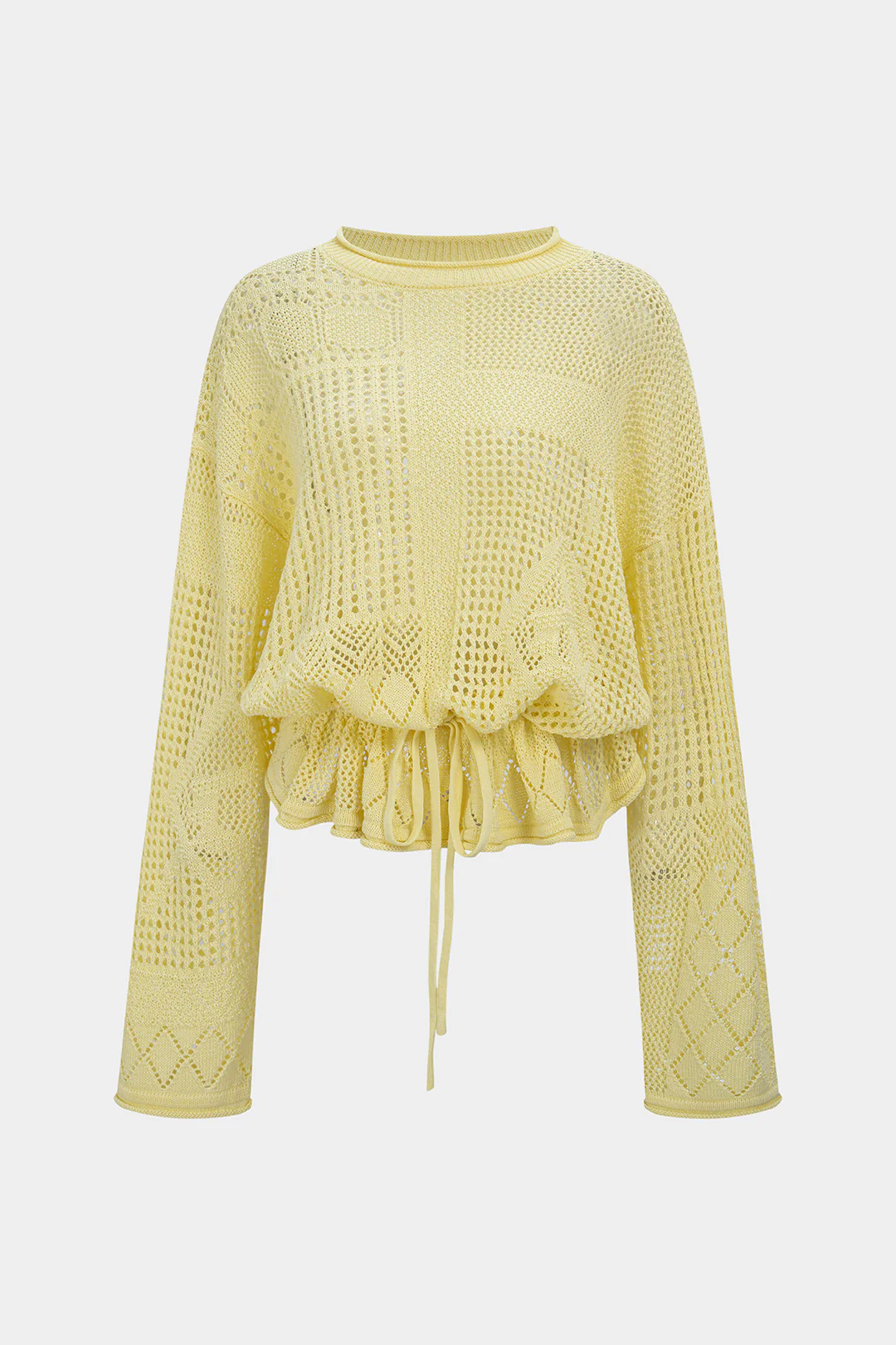 Solid Geometric Round Neck Drawstring Long-Sleeve Top
