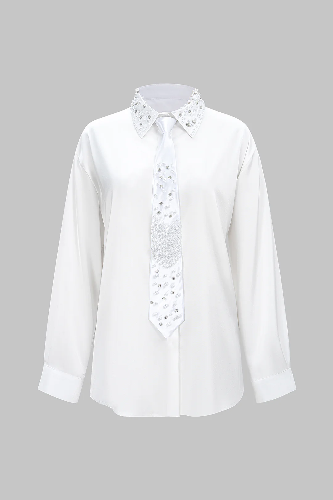 Satin Button Rhinestone Lapel Long-Sleeve Shirt With Tie