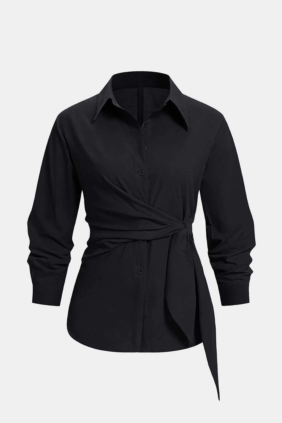 Lapel Button Tie Front Long-Sleeve Shirt - Image 7