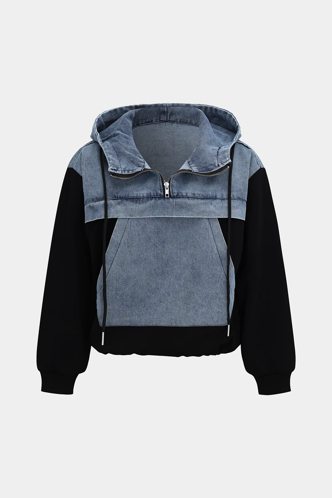Denim Patchwork Long-Sleeve Hoodie