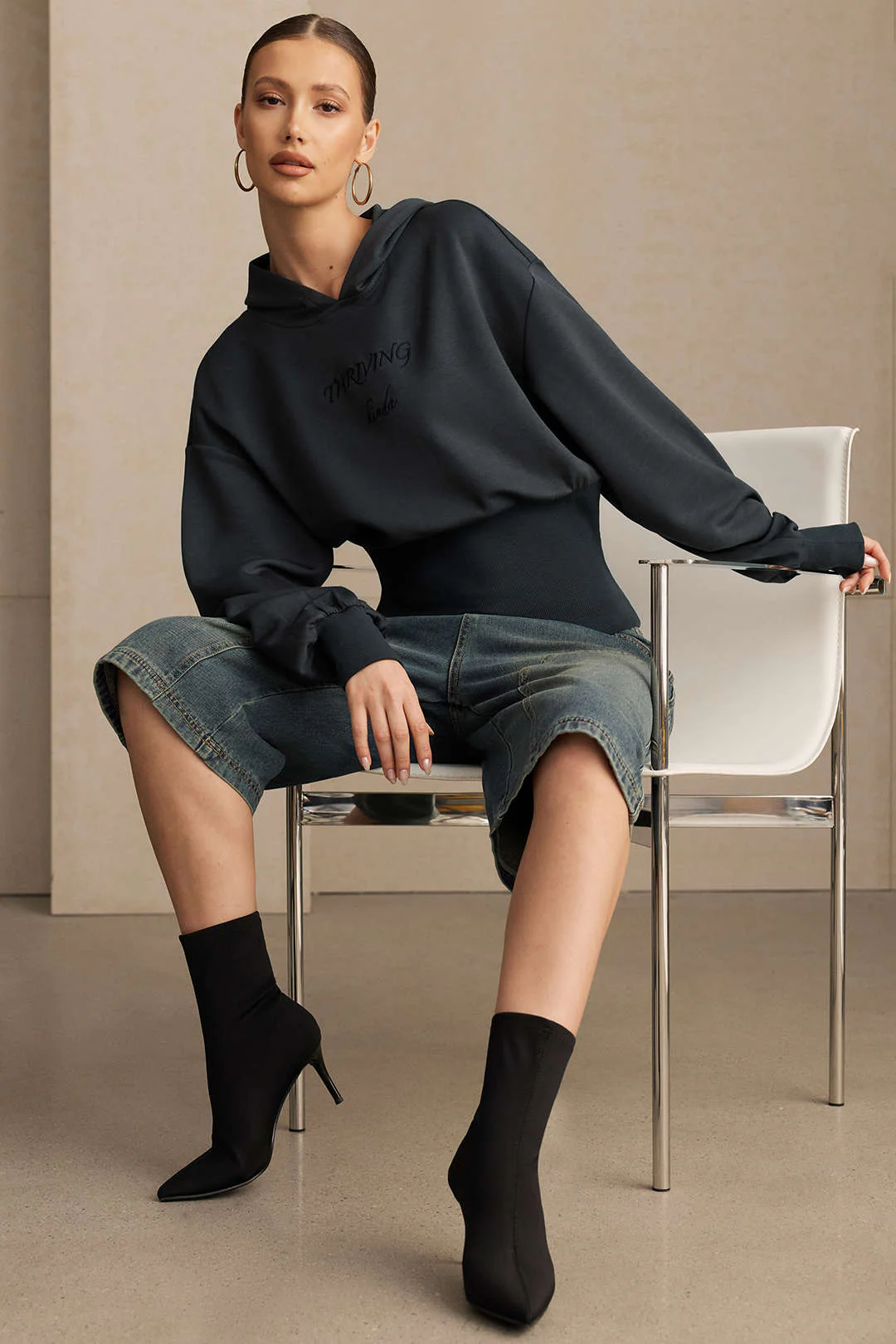 Letter Embroidery Long-Sleeve Hoodie - Image 2