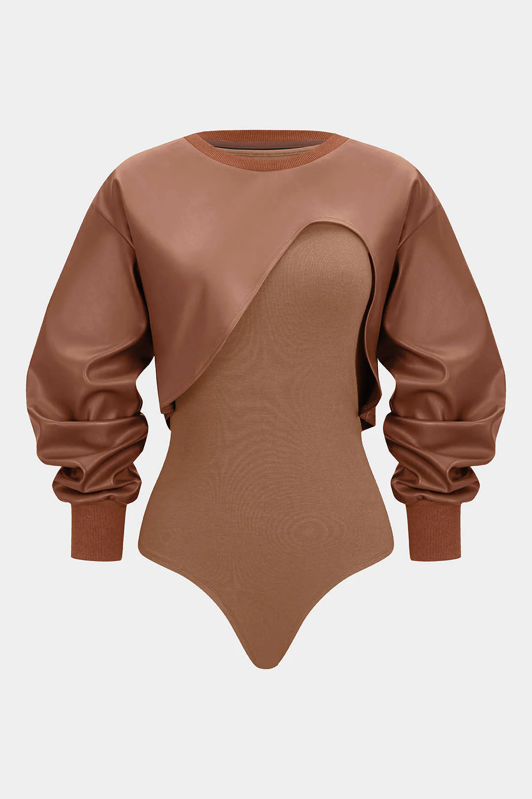 Faux Leather Patchwork Round Neck Asymmetrical Long Sleeve Bodysuit - Image 11
