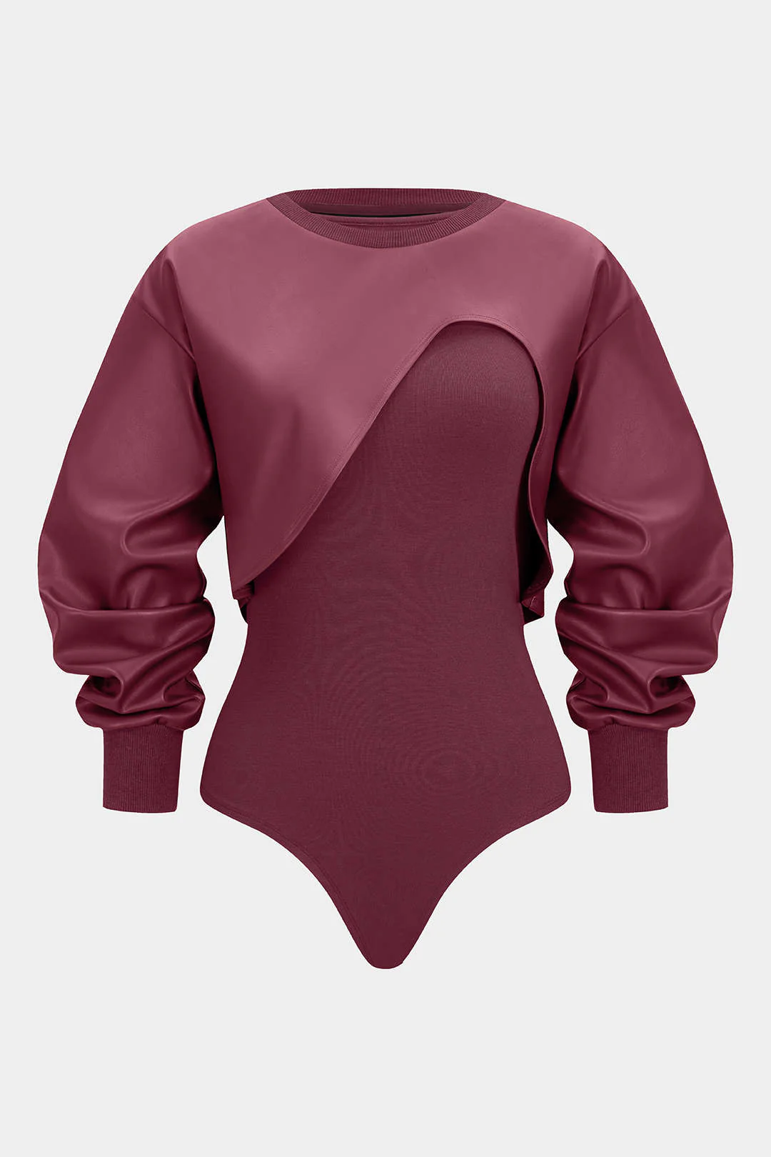 Faux Leather Patchwork Round Neck Asymmetrical Long Sleeve Bodysuit - Image 12
