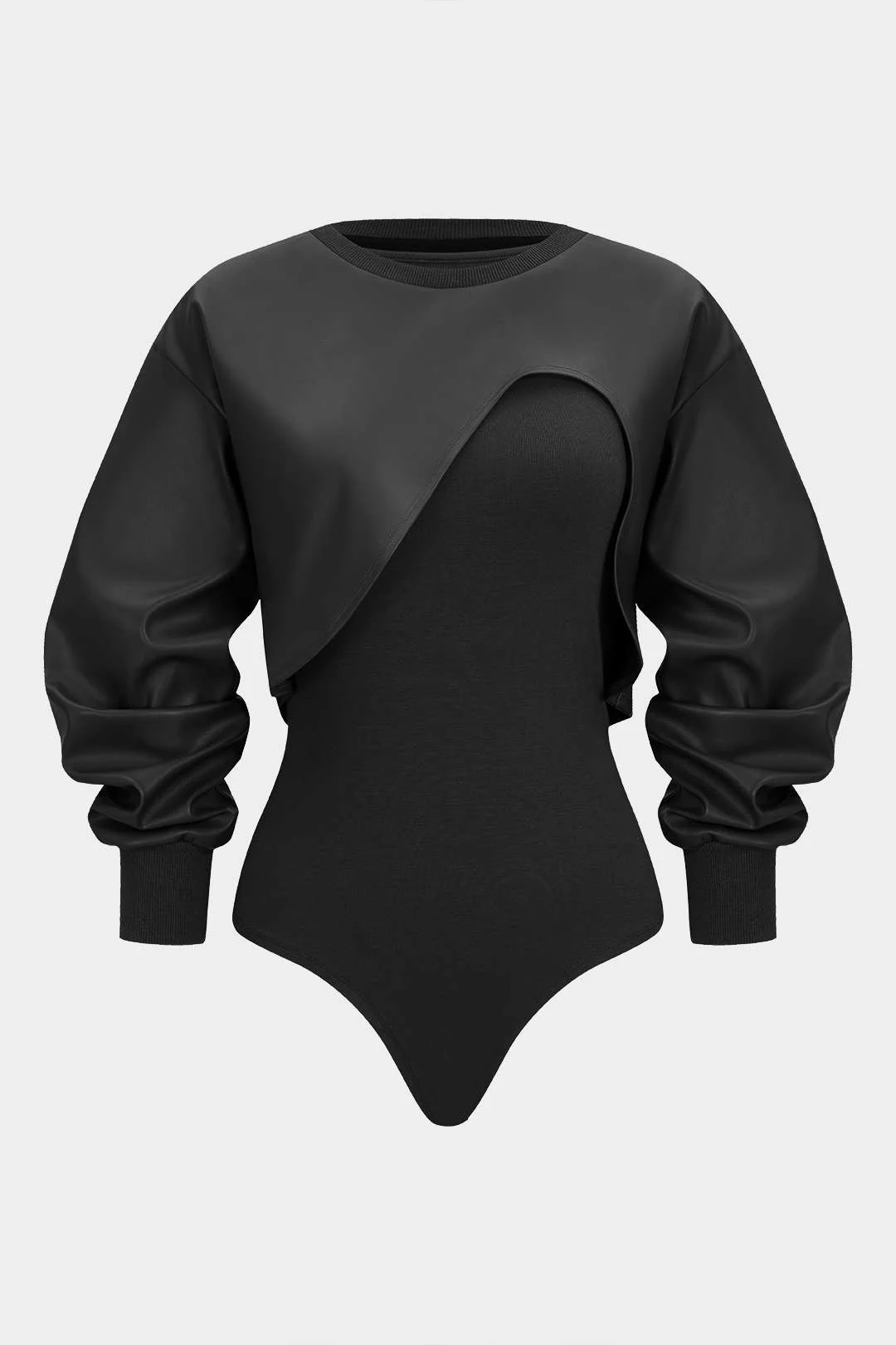 Faux Leather Patchwork Round Neck Asymmetrical Long Sleeve Bodysuit - Image 13