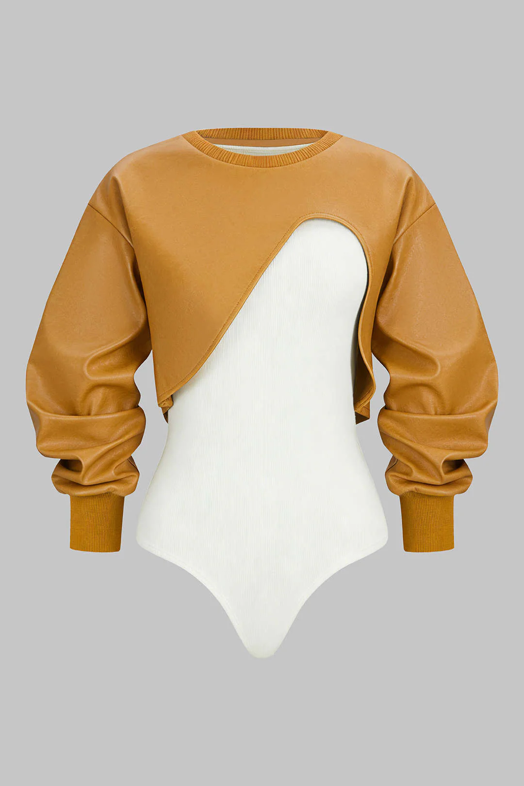 Faux Leather Patchwork Round Neck Asymmetrical Long Sleeve Bodysuit - Image 14