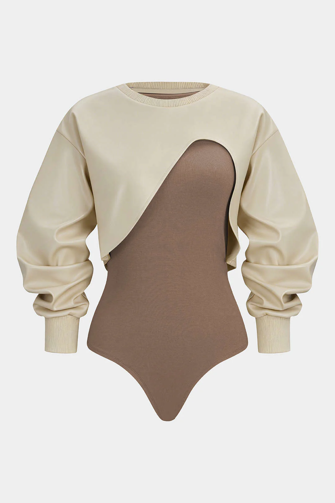 Faux Leather Patchwork Round Neck Asymmetrical Long Sleeve Bodysuit - Image 15