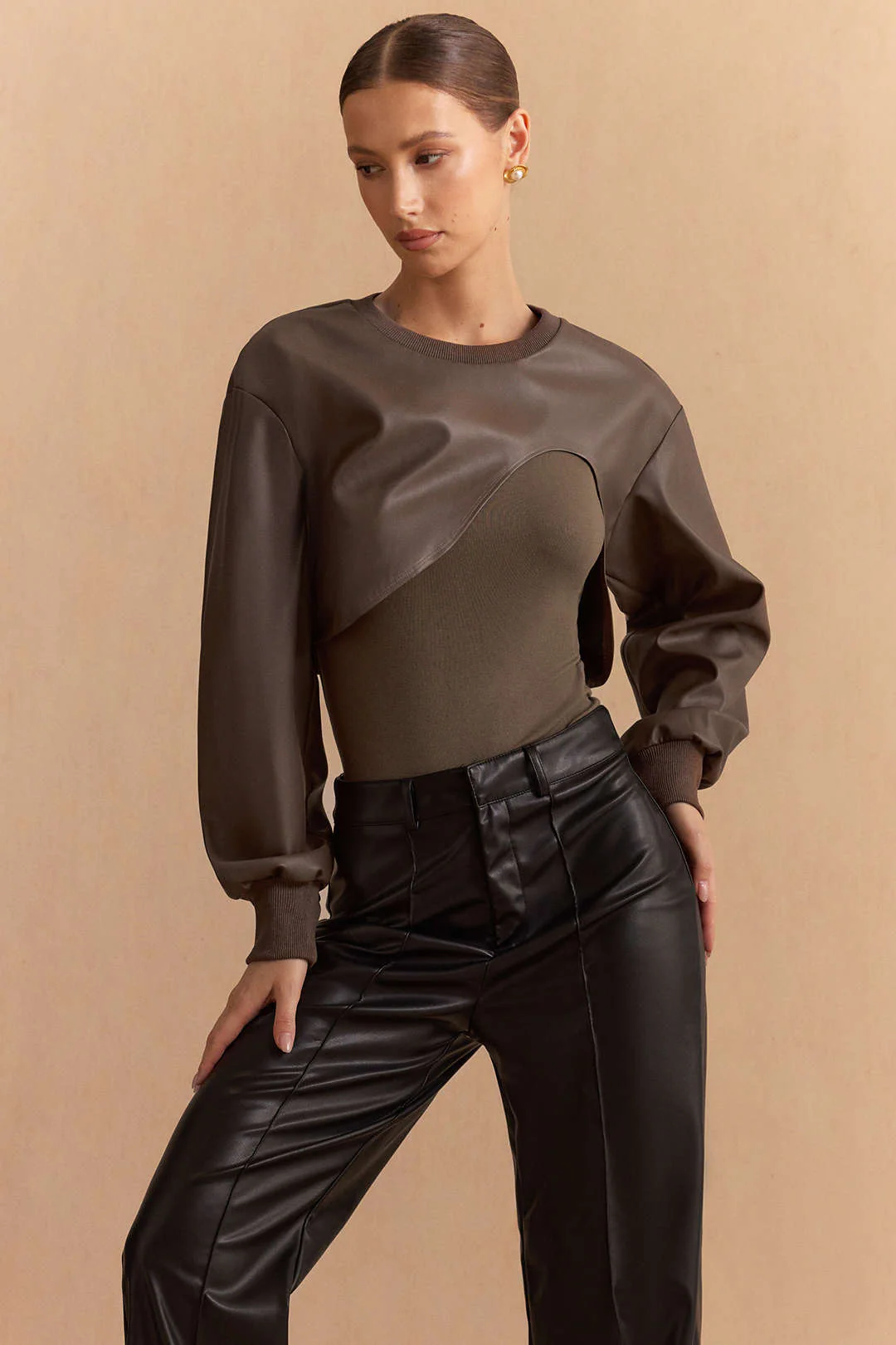 Faux Leather Patchwork Round Neck Asymmetrical Long Sleeve Bodysuit - Image 2