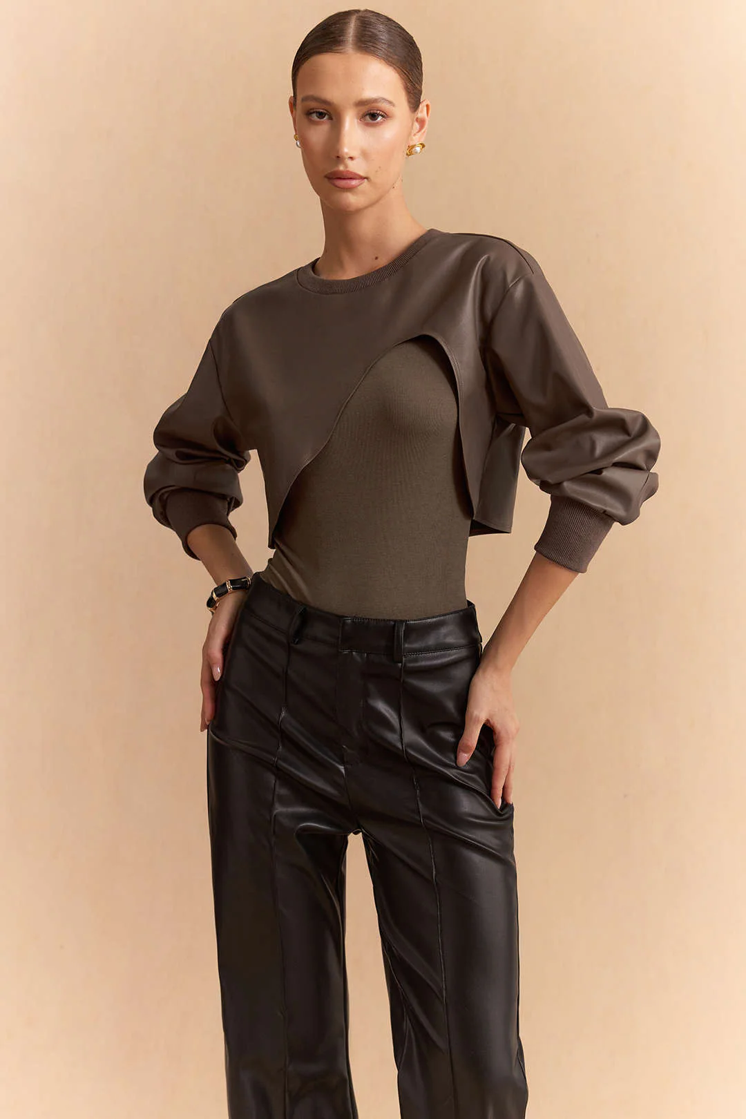 Faux Leather Patchwork Round Neck Asymmetrical Long Sleeve Bodysuit - Image 4