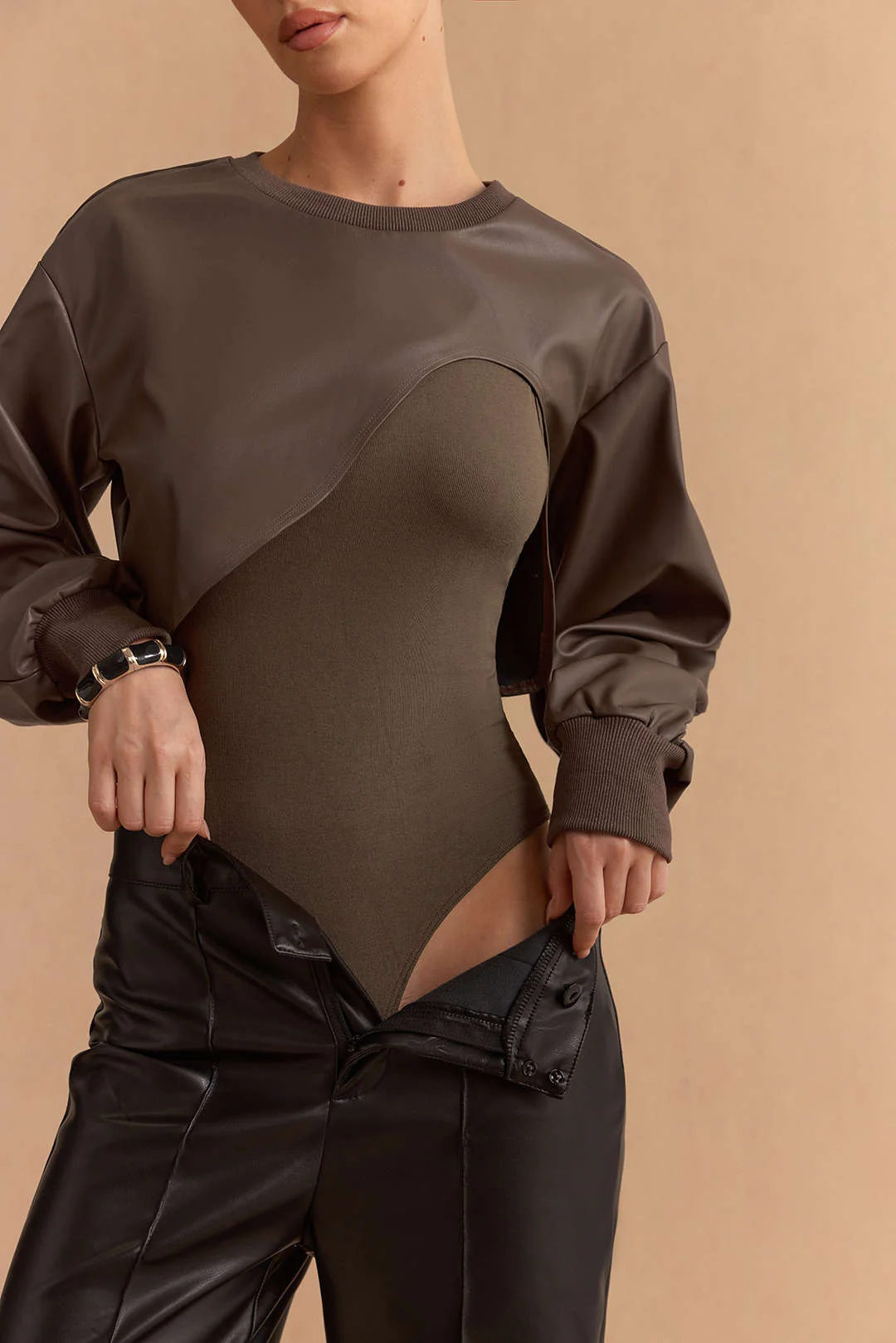 Faux Leather Patchwork Round Neck Asymmetrical Long Sleeve Bodysuit - Image 5