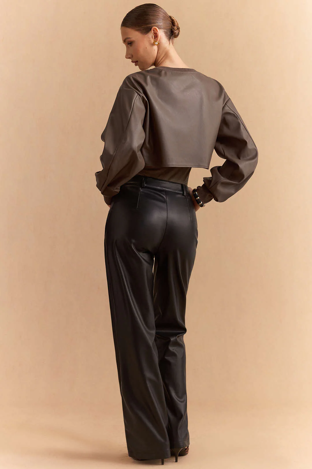 Faux Leather Patchwork Round Neck Asymmetrical Long Sleeve Bodysuit - Image 6