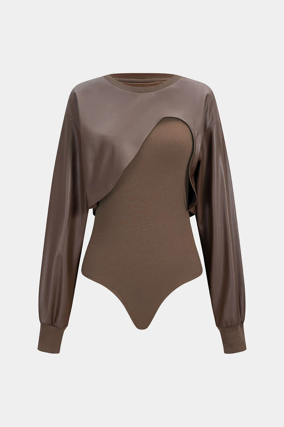 Faux Leather Patchwork Round Neck Asymmetrical Long Sleeve Bodysuit - Image 7