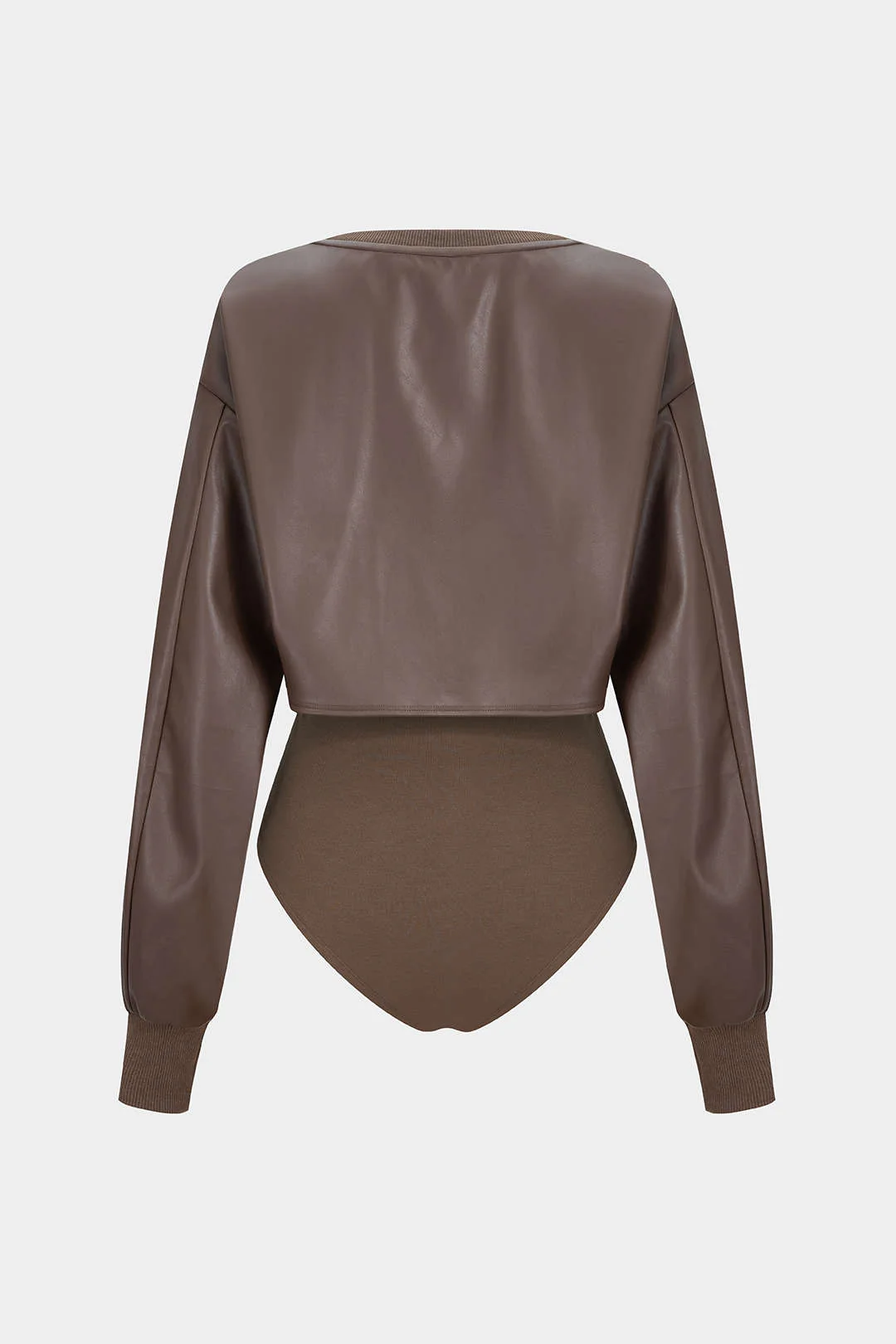 Faux Leather Patchwork Round Neck Asymmetrical Long Sleeve Bodysuit - Image 8