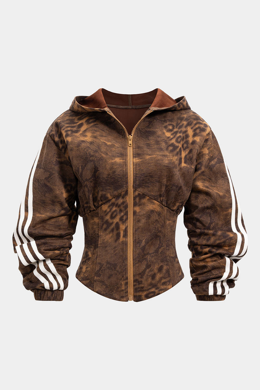 Leopard Stripes Print Zipper Waist-Cinching Long-Sleeve Hoodie