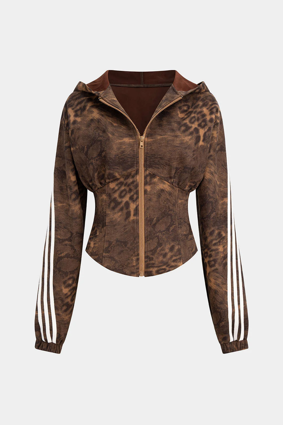 Leopard Stripes Print Zipper Waist-Cinching Long-Sleeve Hoodie - Image 2