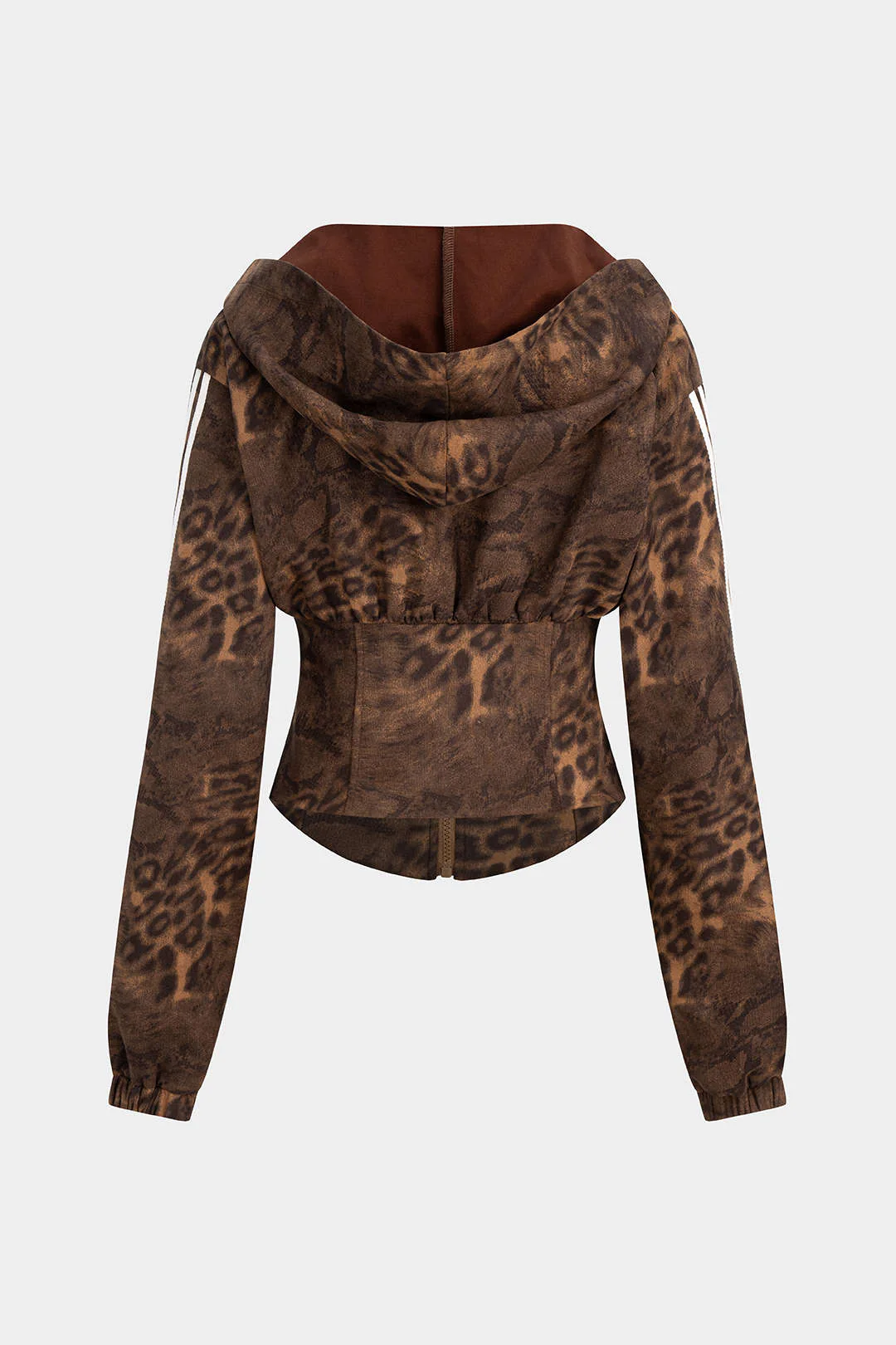 Leopard Stripes Print Zipper Waist-Cinching Long-Sleeve Hoodie - Image 3