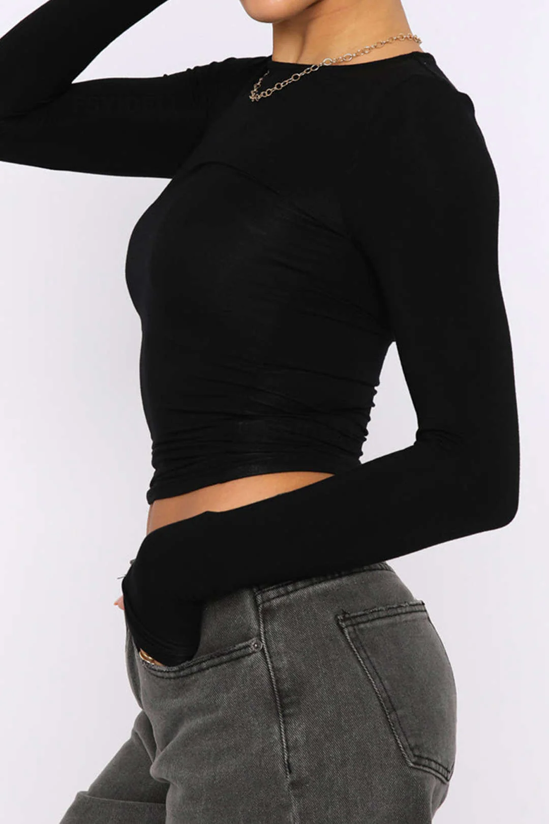 Basic Solid Round Neck Long Sleeve Top - Image 9