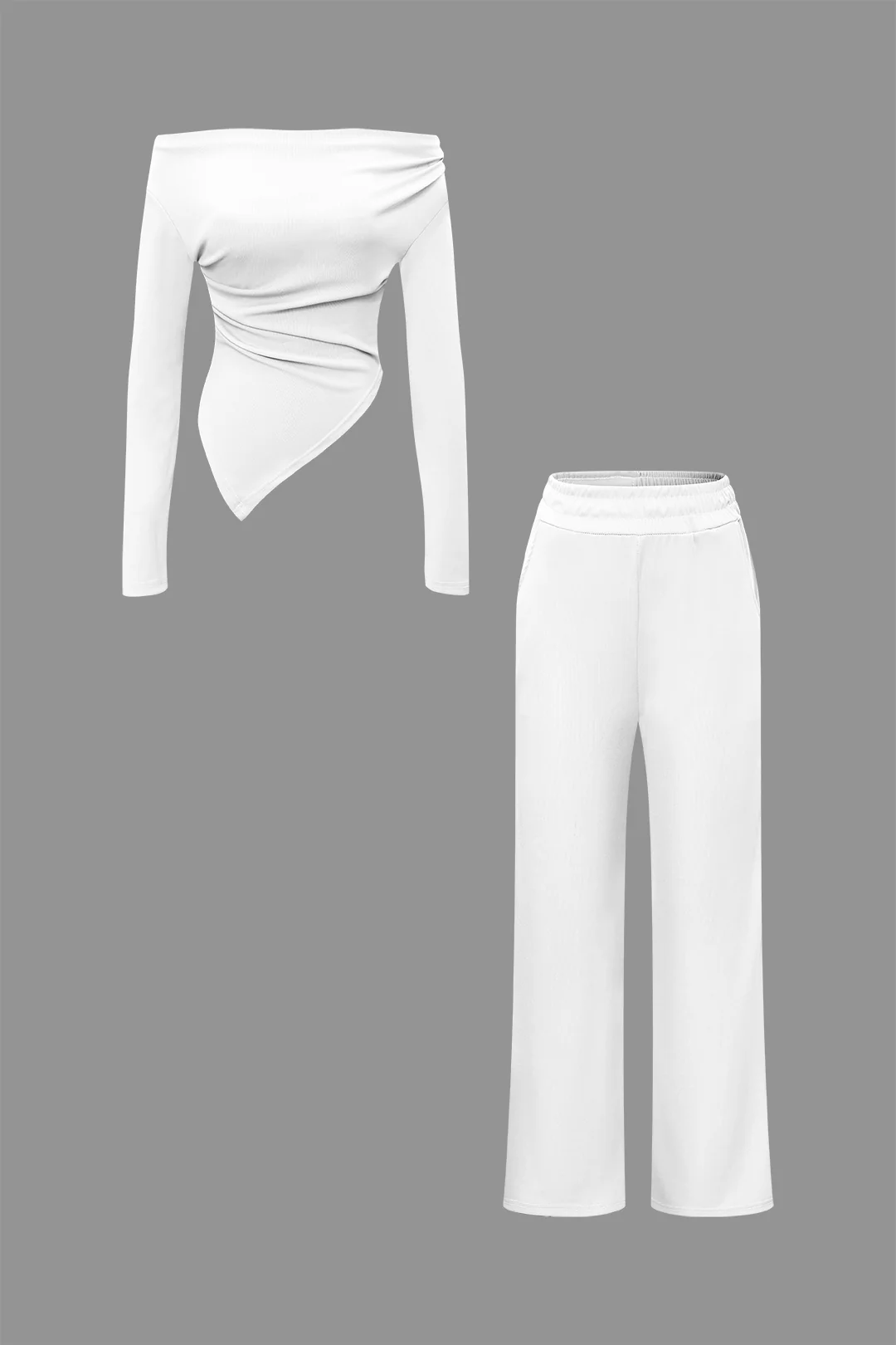 Off Shoulder Ruched Asymmetric Top And Straight Leg Pants Set - Image 14