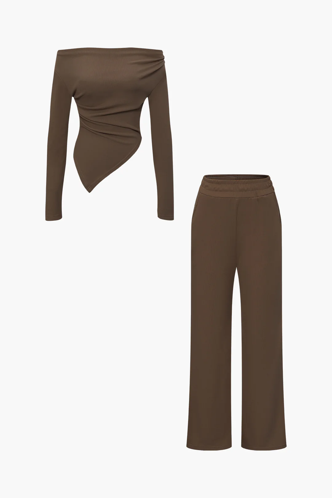 Off Shoulder Ruched Asymmetric Top And Straight Leg Pants Set - Image 19