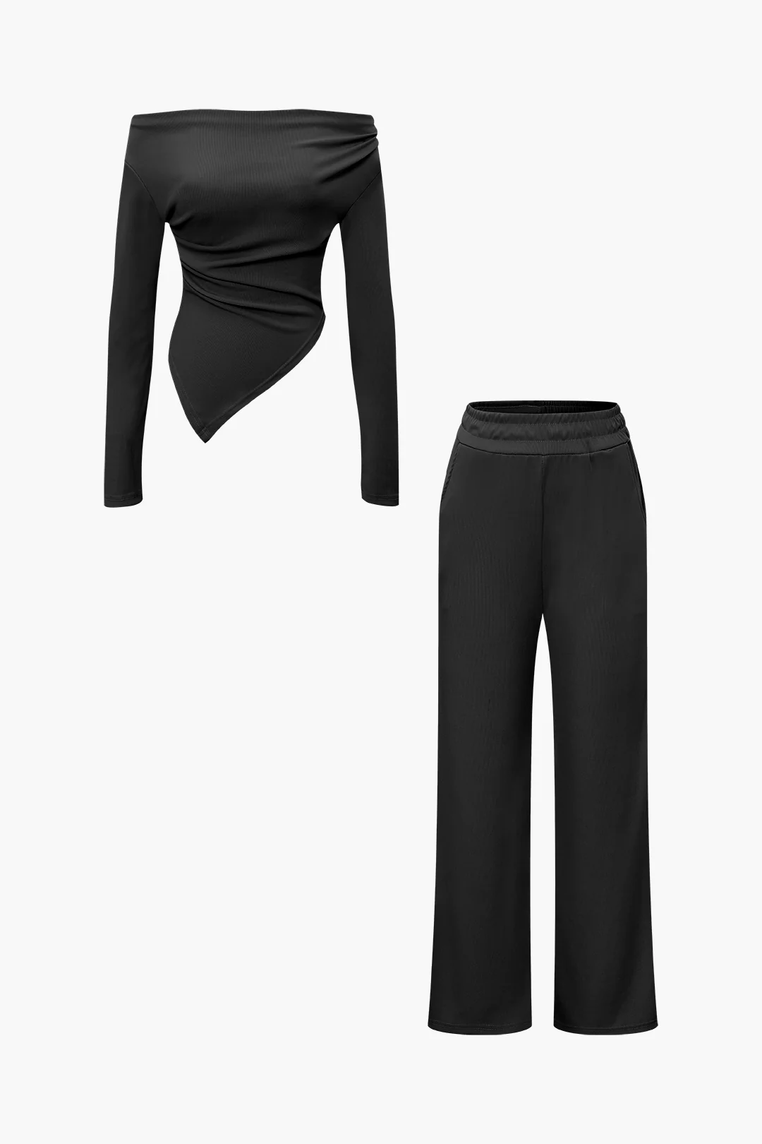 Off Shoulder Ruched Asymmetric Top And Straight Leg Pants Set - Image 9