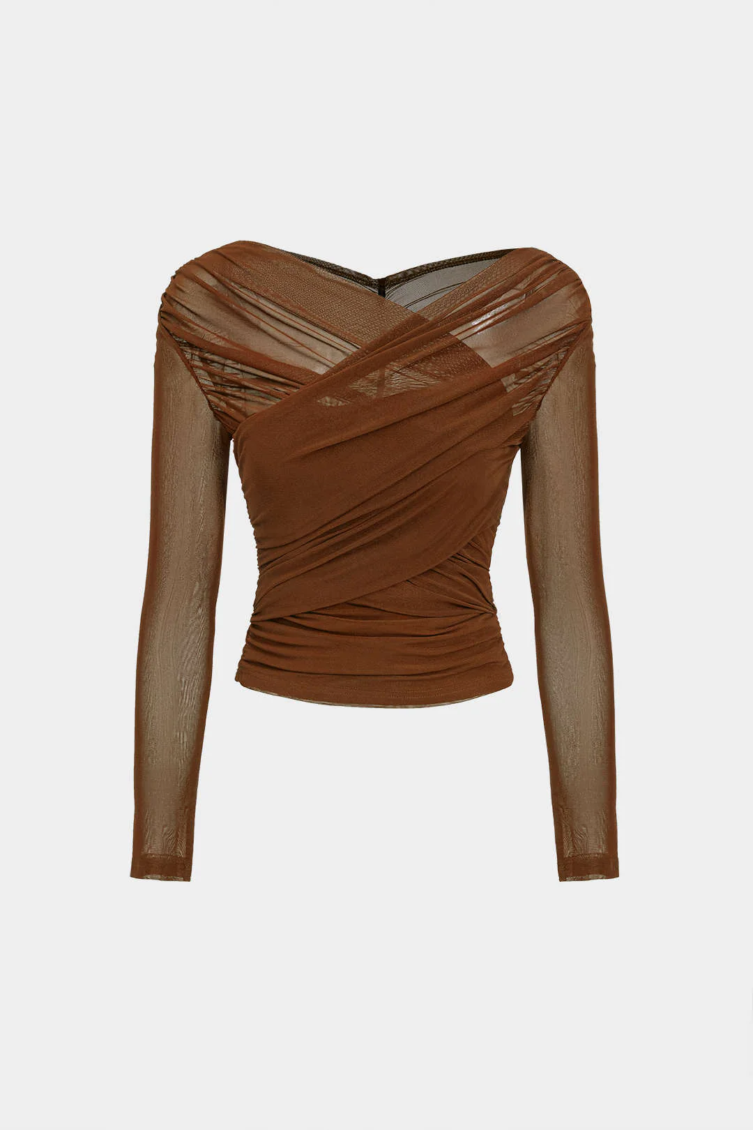 Solid Sheer Mesh Ruched Long-Sleeve Top - Image 10