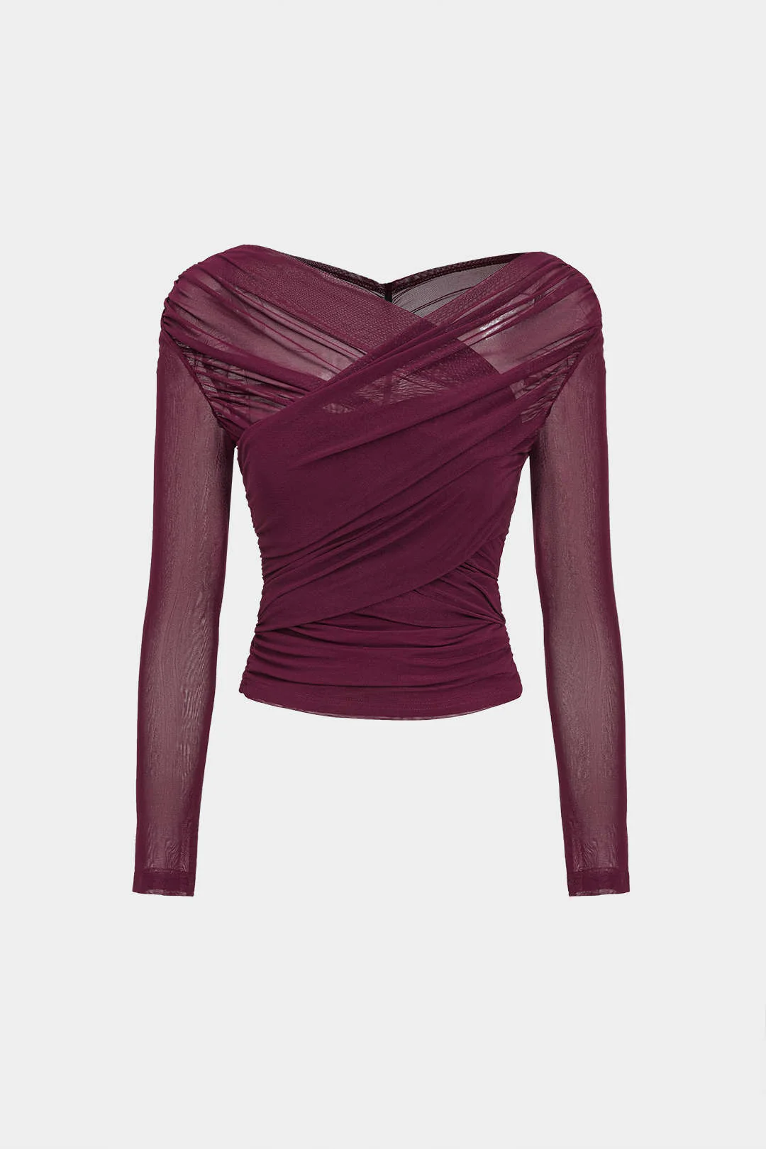 Solid Sheer Mesh Ruched Long-Sleeve Top - Image 2