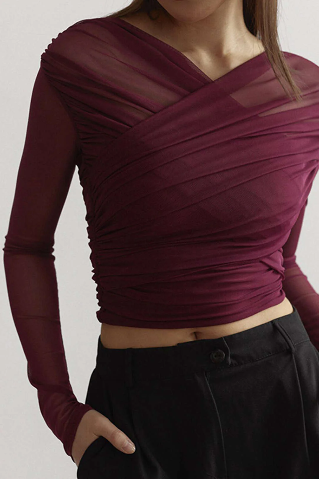 Solid Sheer Mesh Ruched Long-Sleeve Top - Image 4
