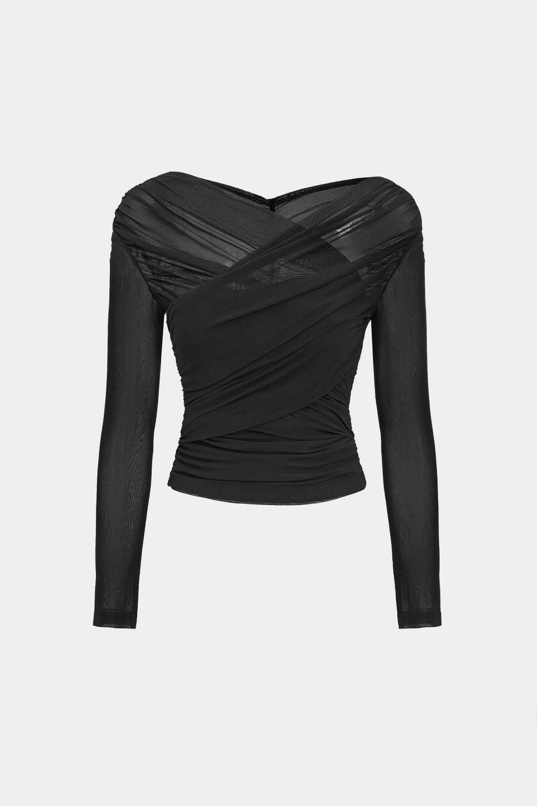 Solid Sheer Mesh Ruched Long-Sleeve Top - Image 6